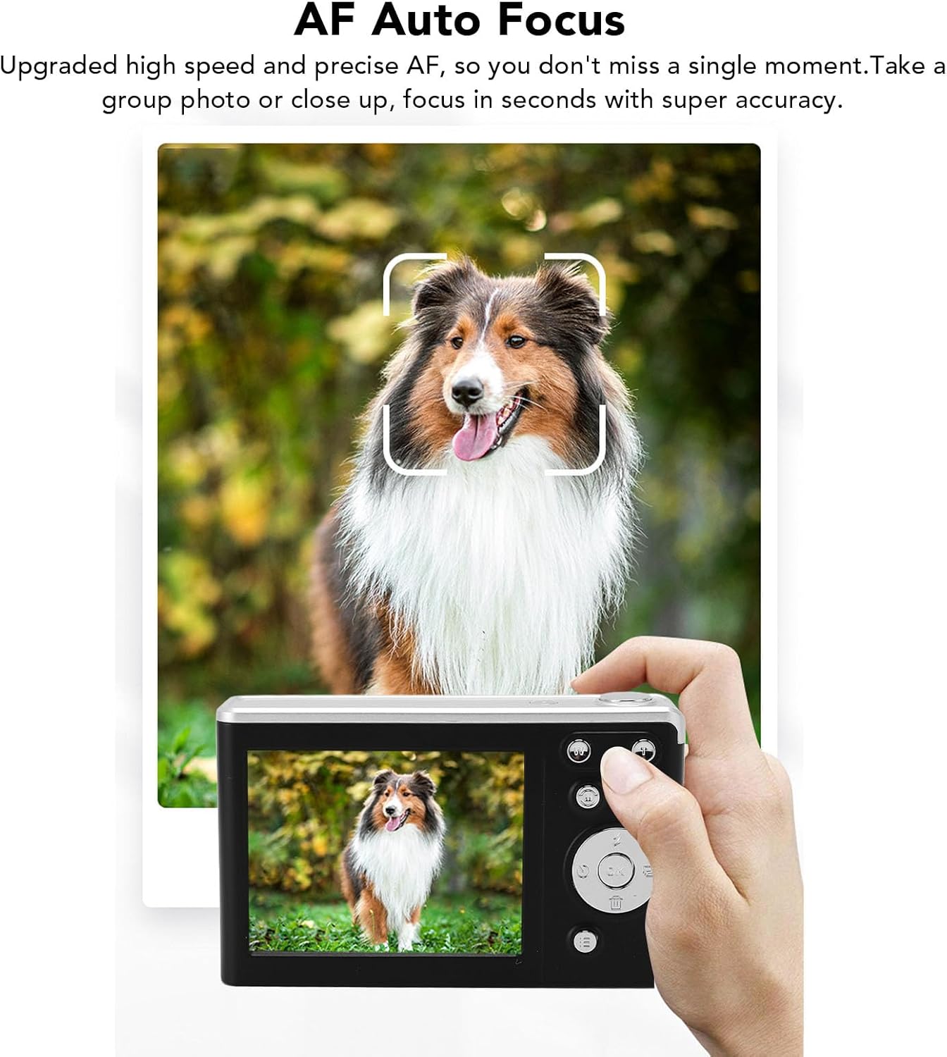 VBESTLIFE Digital Camera demonstrating auto focus on a dog