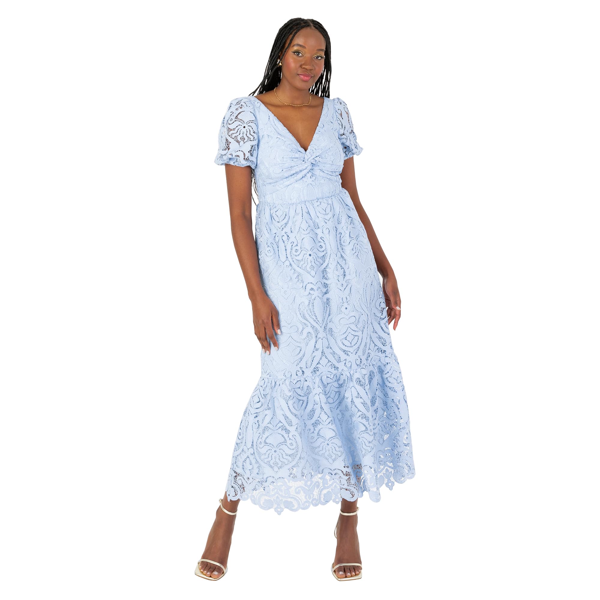 Maya Deluxe Damska Sukienka Damska Midi z Dekoltem w Serek, Krótki Rękaw, Koronka, Linia A-line Wedding Guest Occasion Dress, Cornflower Blue, 52