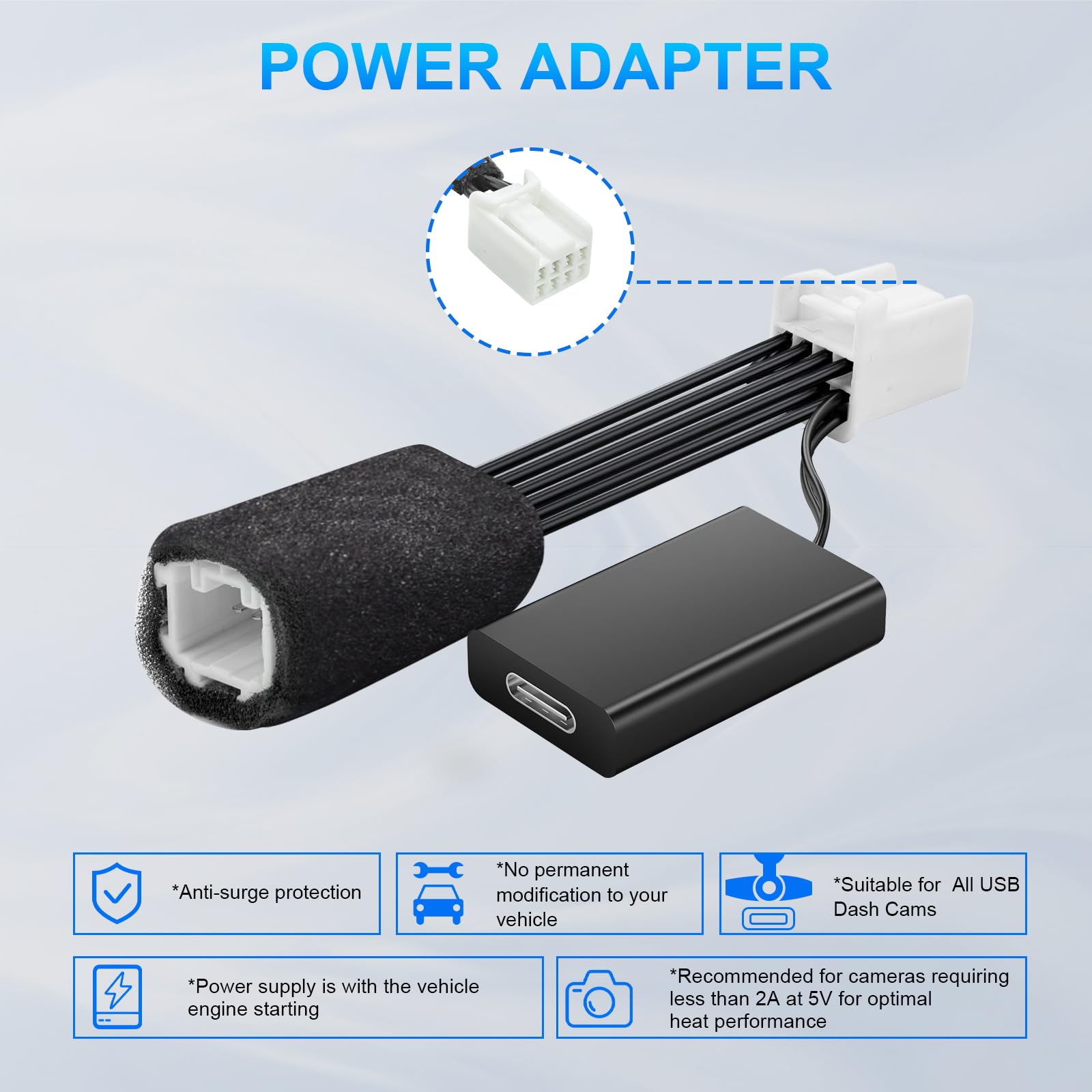 Dashcam Power Adapter 8 Pin (Model A) Custom for Honda Civic CR-V Accord HRV and More,Hide The Wires, GPS Radar Mirror Camera Dash Cam Adapter Cable,Connects to Overhead Console(Hidden)