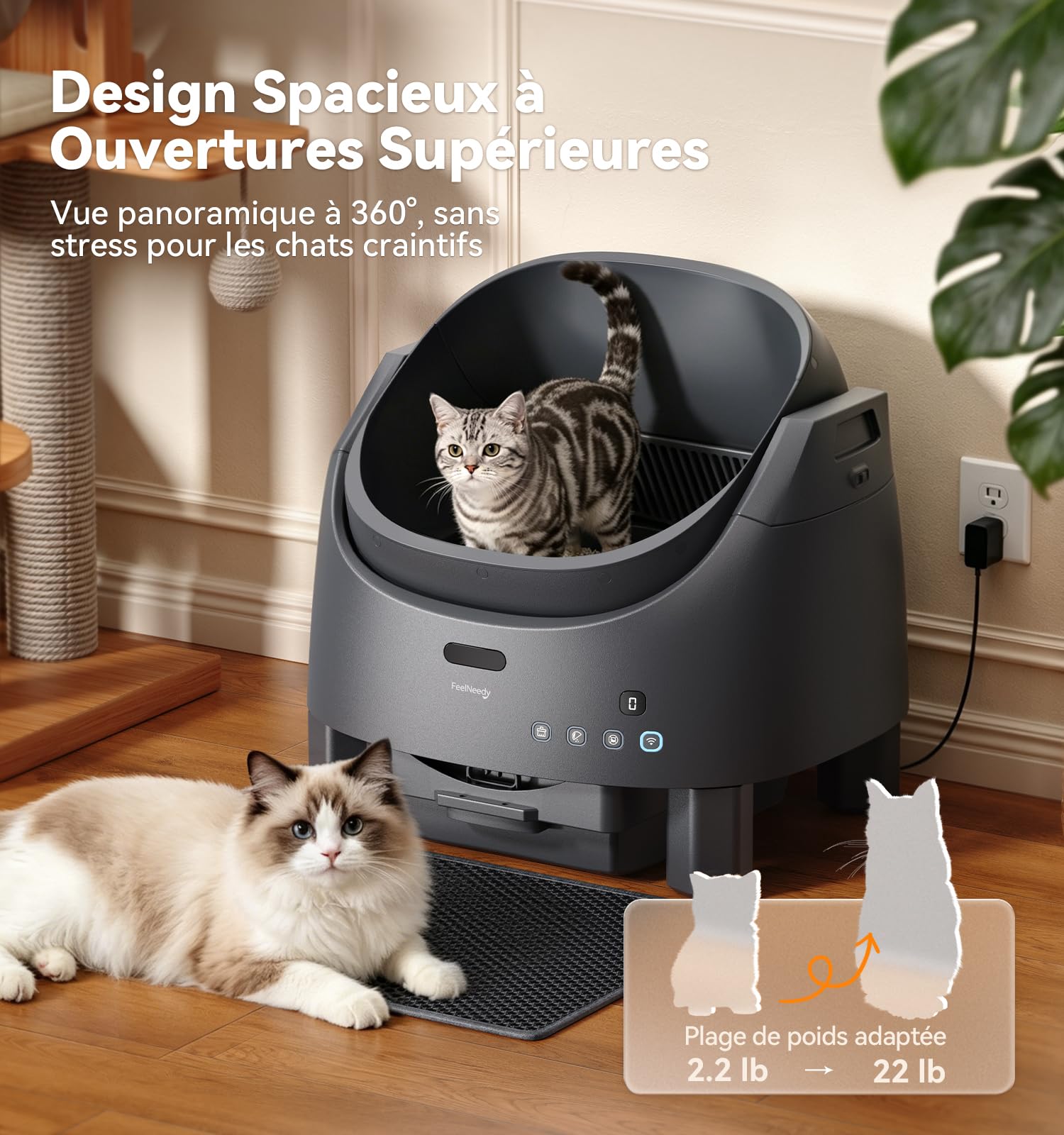 FEELNEEDY Litiere Chat Autonettoyante, Litière Automatique avec Système de Neutralisation des Odeurs pour Chats 1-15kg, Contrôle APP & Sécurité Multi-Capteurs, Hauteur d’Entrée Réglable