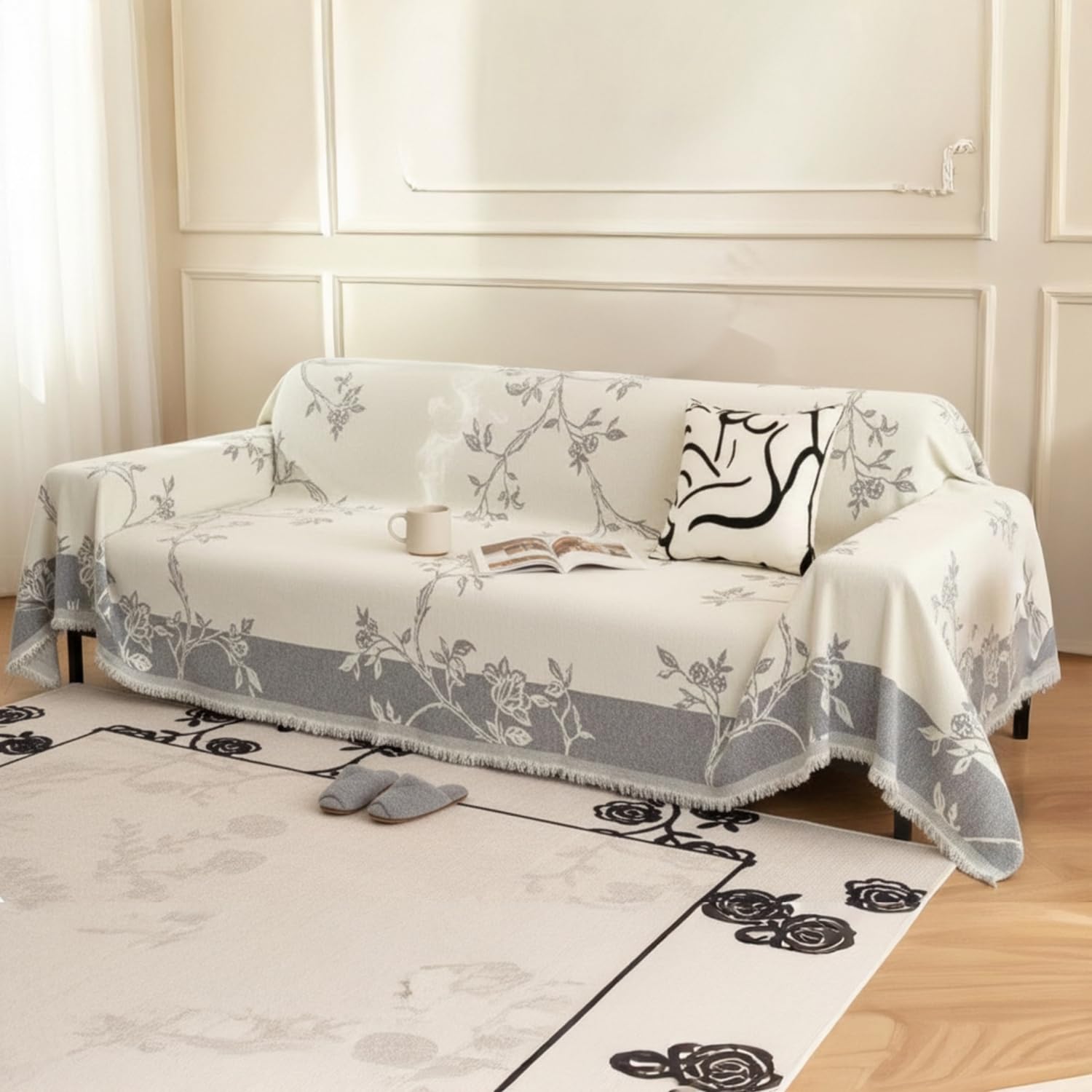 Black Chenille Sofa Cover - Reversible & Anti-Slip -12