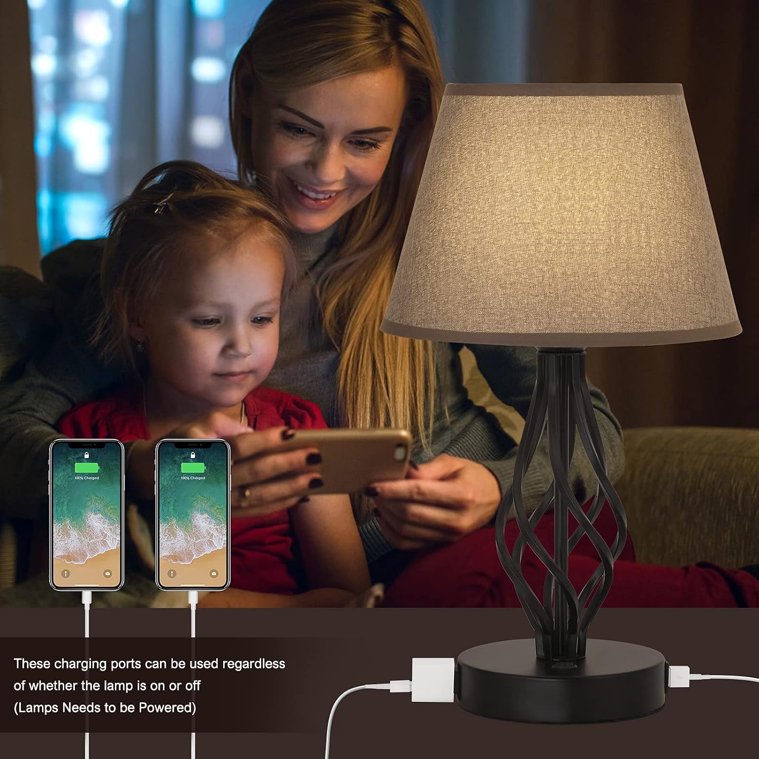 HAITRAL Bedside Lamps with Dual USB Port - Nightstand Table Lamps with AC Outlet Charging for Bedroom, Guest Room, Living Room (Bulb Not Included)