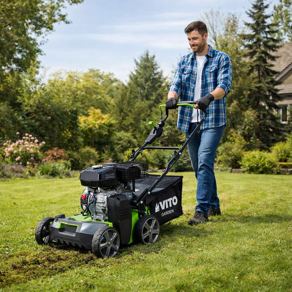 VITO Escarificador de gasolina con 212 cm³ / 5,4 CV - cesto de 45L - aireador de césped - eliminador de musgo - quitamusgos - 40 cm de ancho de trabajo - motor de 4 tiempos - 4 kW de potencia - 17
