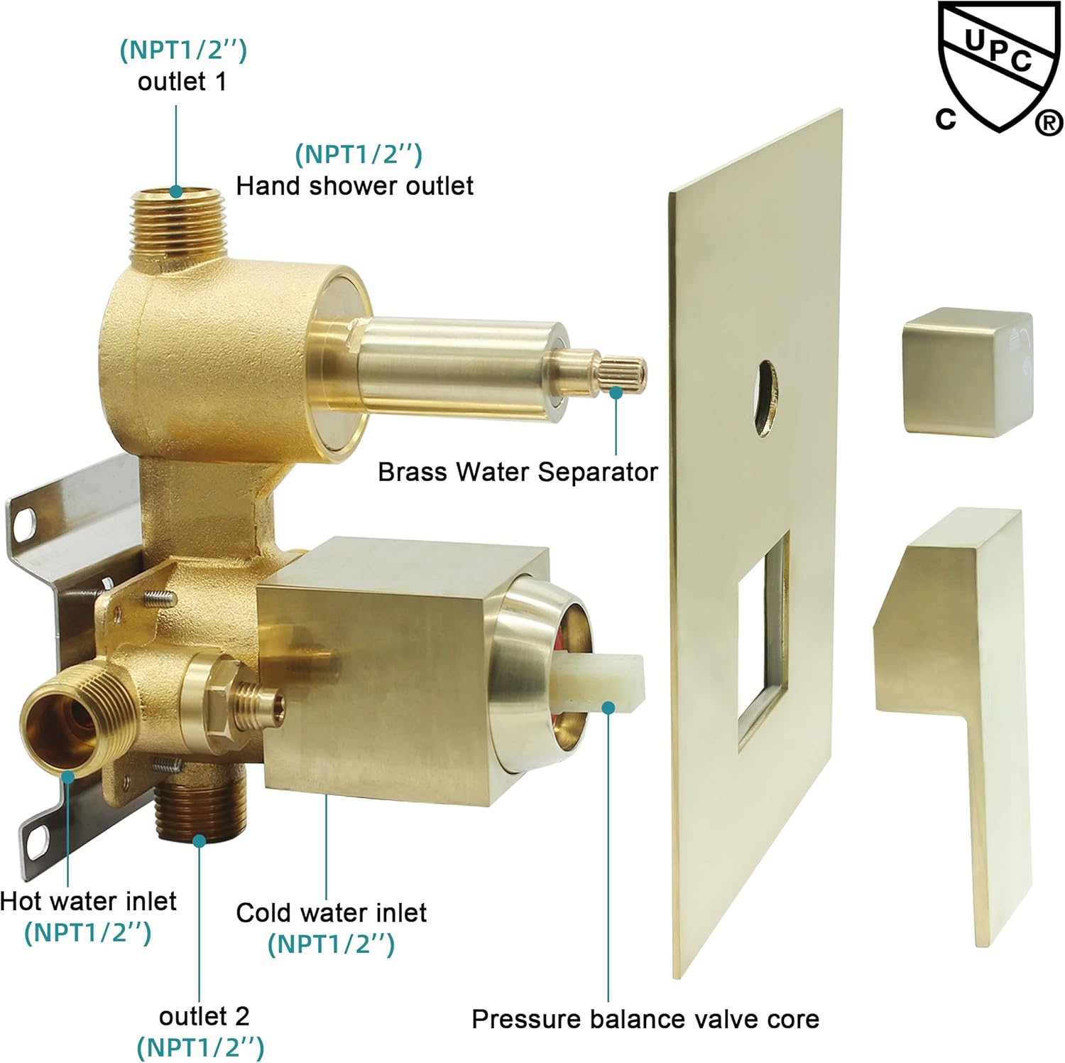2 Way Outlet Shower Diverter Valve, Drettyer 2 Handle Shower Mixer Rough Brass Valve Kit Replacement in Brushed Gold