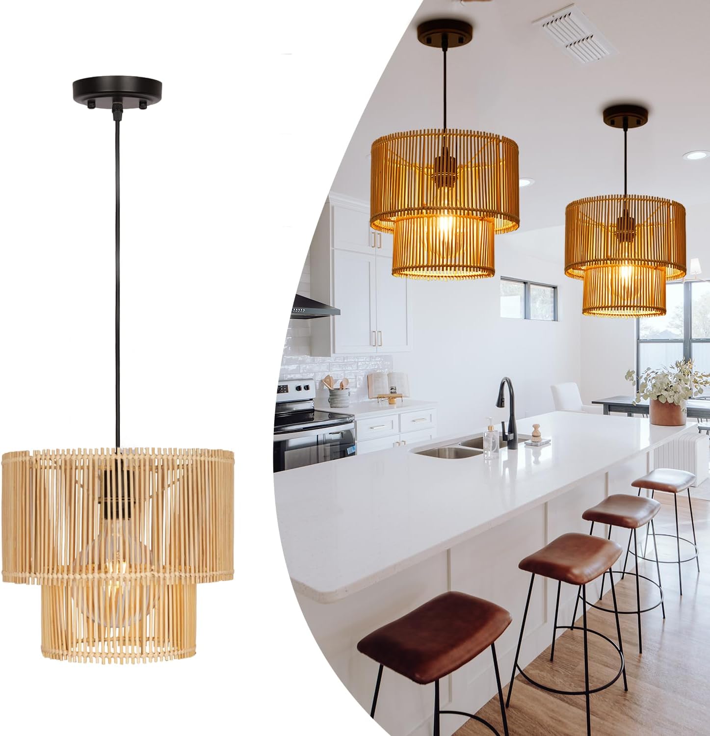 Treekee 12 inch Chandelier Rattan Hanging Lights, Handmade Woven