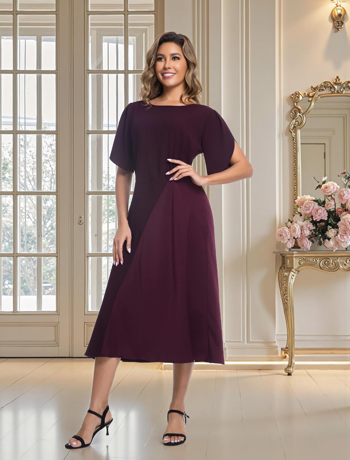 Women's Satin Panel Dress Semi Formal Midi Dresses Elegant Short Puff Sleeve Ruched Waist A-Line Evening Dress - Image 2
