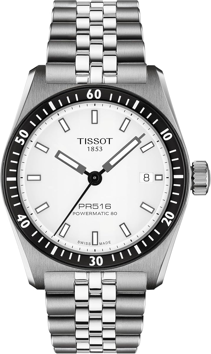 Tissot PR516 38mm, Swiss Automatic Watch for Men and Women, Stainless Steel Case, White Dial, T1494071103100