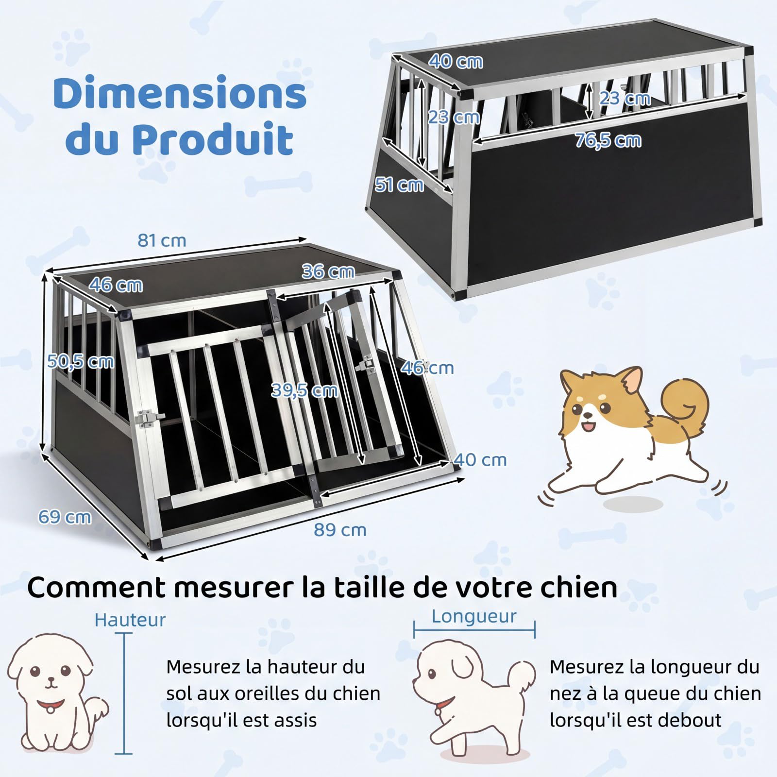 COSTWAY Caisse de Transport pour Chien en Aluminium, Séparateur Amovible, Portes Verrouillable, Cage pour Chien Chat, Design Trapézoïdal, Coins de Protection pour Chiot Chat Lapin, 89 x 69 x 50,5 cm