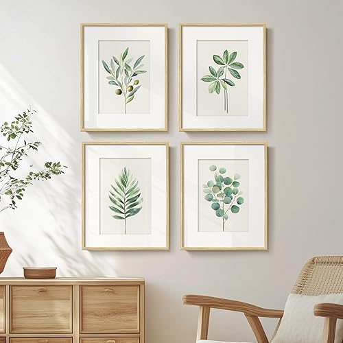 Framed Sage Green Botanical Wall Art for Room Decor, 4 piece Farmhouse Minimalist Plant Artwork for Walls, Boho Vintage Leaf Picture Prints for Bathroom Bedroom Kitchen Living Room Wall Decor 11x14 In