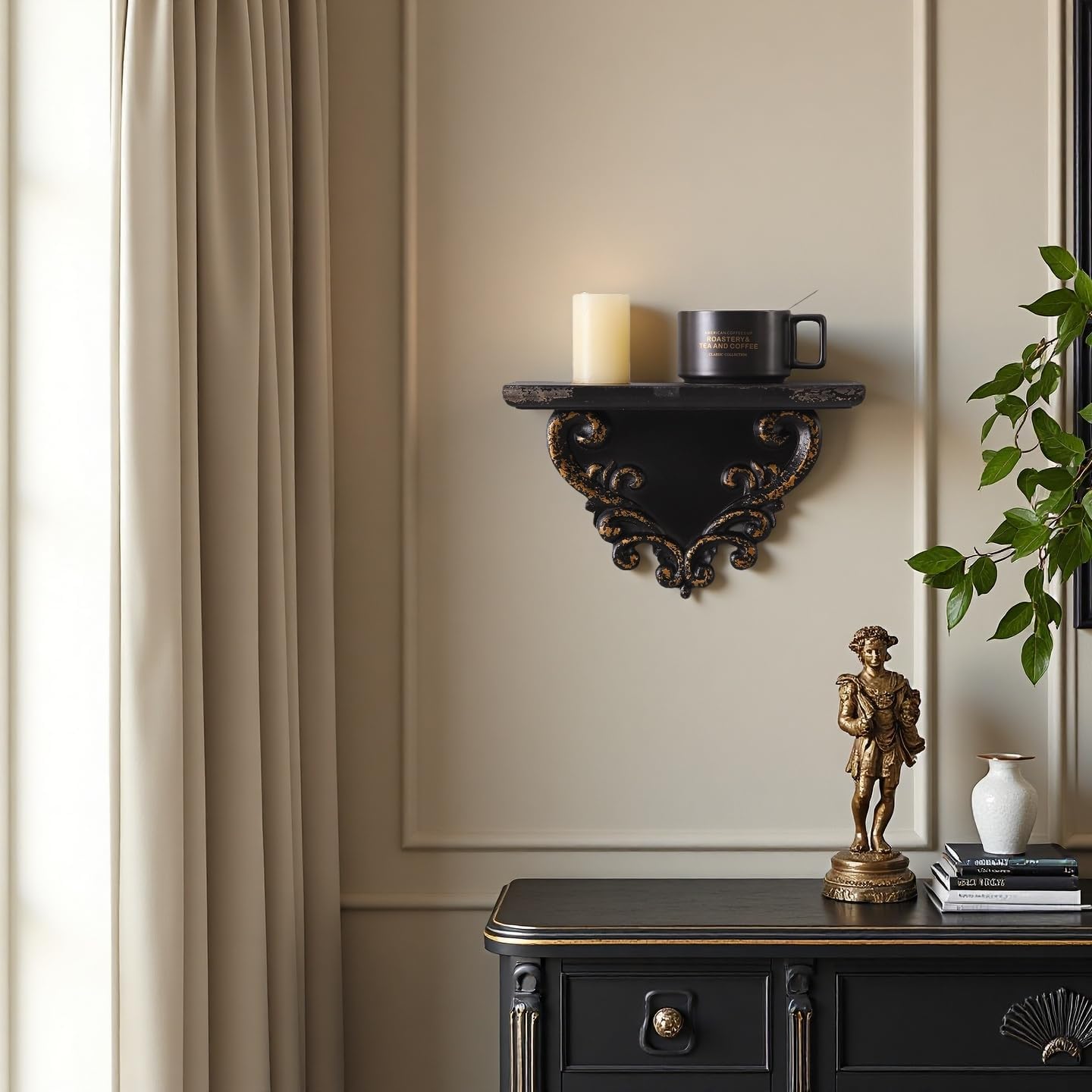 SOFE Antique Black & Gold Wood Shelves for Wall - 12 Inch Long Display Shelf Wall - Small Floating Shelving for Entryway Living Room Bathroom Wall Decor - Baroque Scroll Carving Bracket