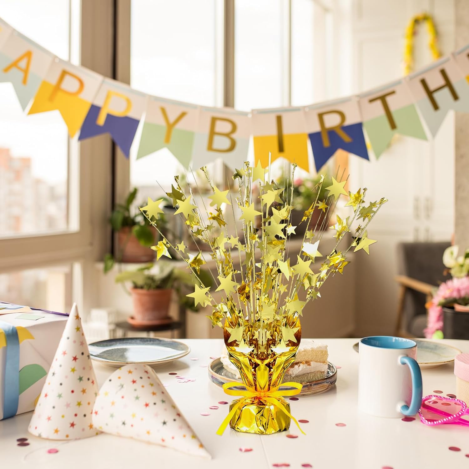 Crowye 6 Pcs Metallic Foil Spray Centerpiece Party Star Decoration Table Decor for Birthday Wedding Graduation Bachelorette Spring Party Holiday(Gold,Medium Star)