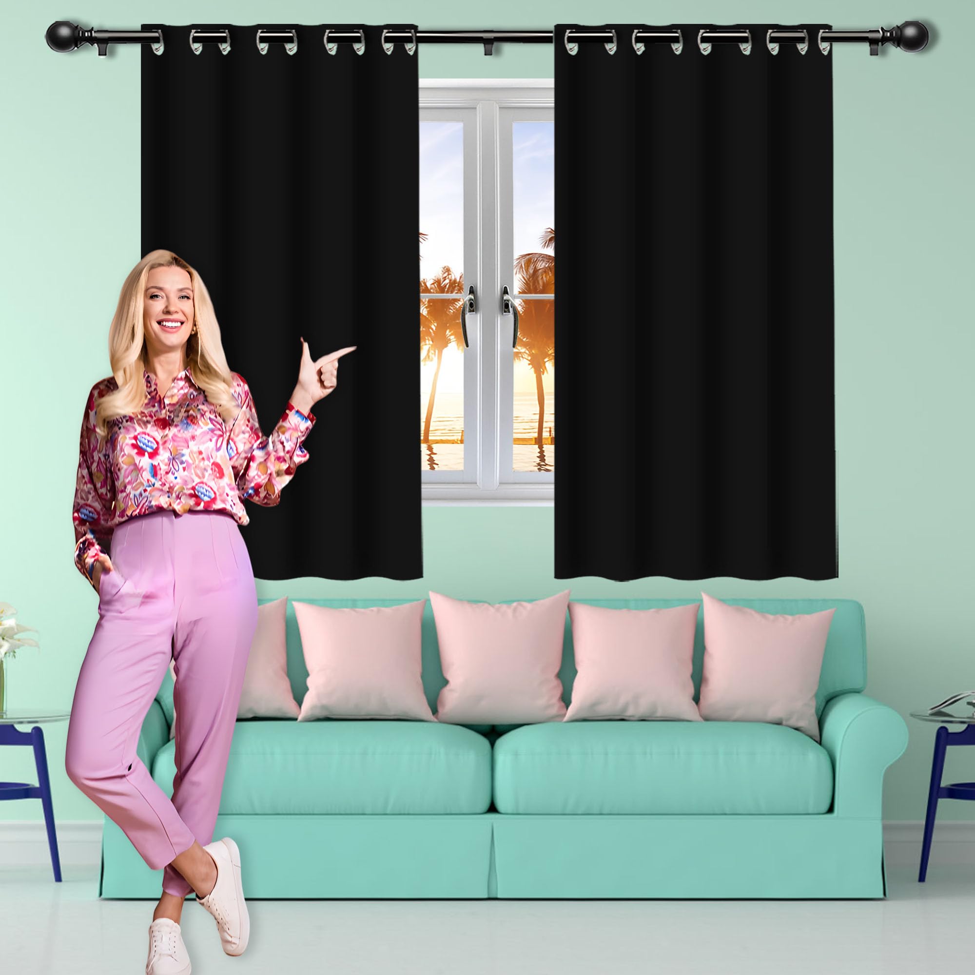 Rideaux 480 x 220 cm isolants thermiques noirs à oeillets pour salon