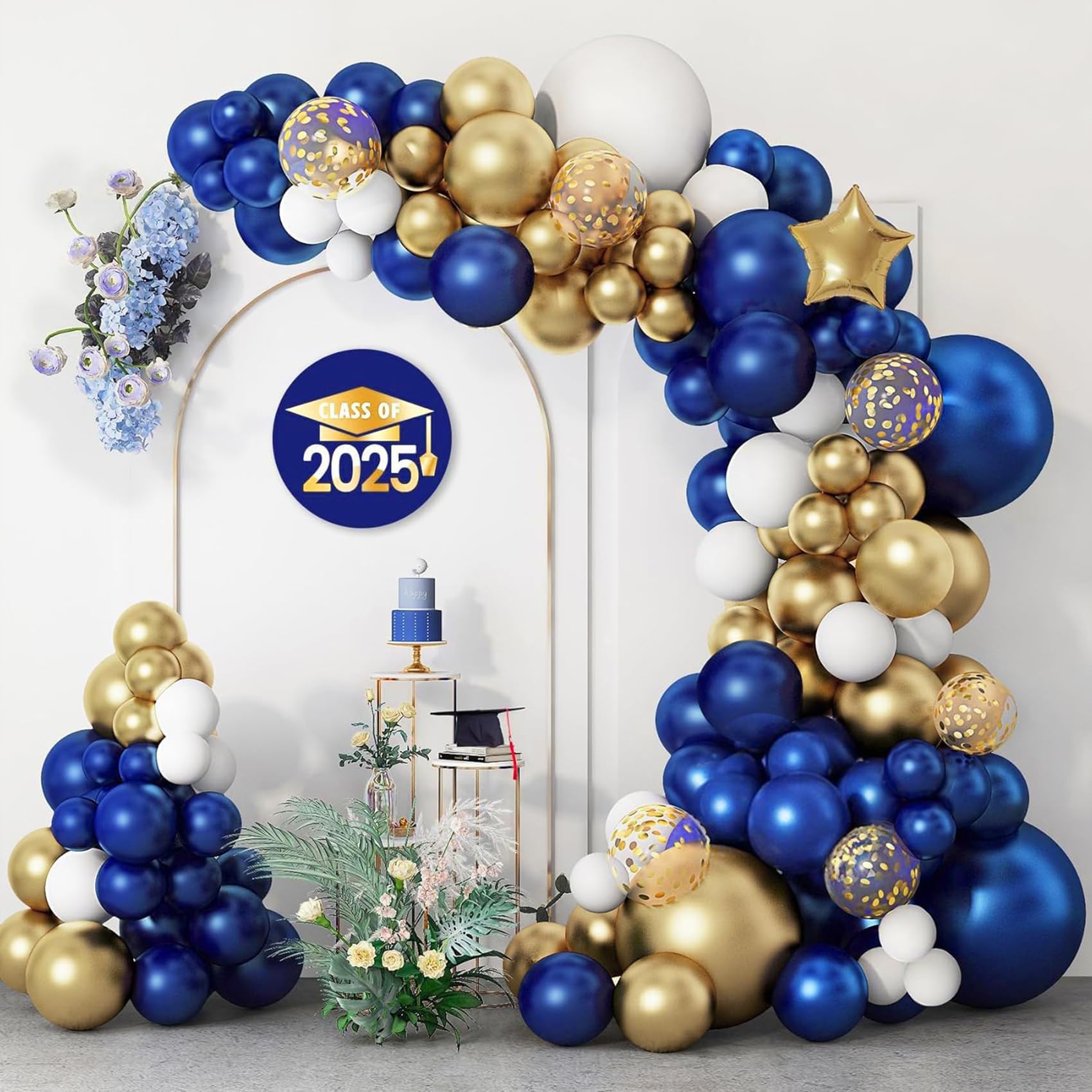 146pcs Navy Blue and Gold Balloon Garland Arch Kit, Royal Blue White Metallic Gold Confetti Mixed Sizes Balloons for Anniversary Baby Shower Wedding