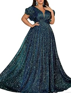 VOUIAO Plus Size V-Neck A-Line Maxi Dress - Shimmering Wedding Guest Gown for Prom, Cocktail & Evening Events