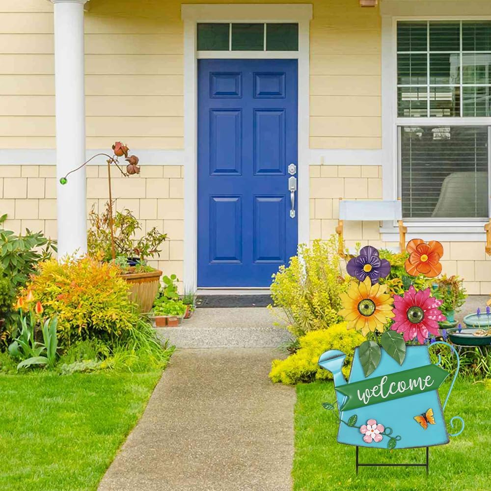 YEAHOME Garden Decor for Outside, 24.4“ Decorative Garden Stakes Metal Watering Can with 4 Flowers for Spring Decor, Welcome Yard Signs for Outdoor Lawn Backyard Patio Porch Pathway Decorations