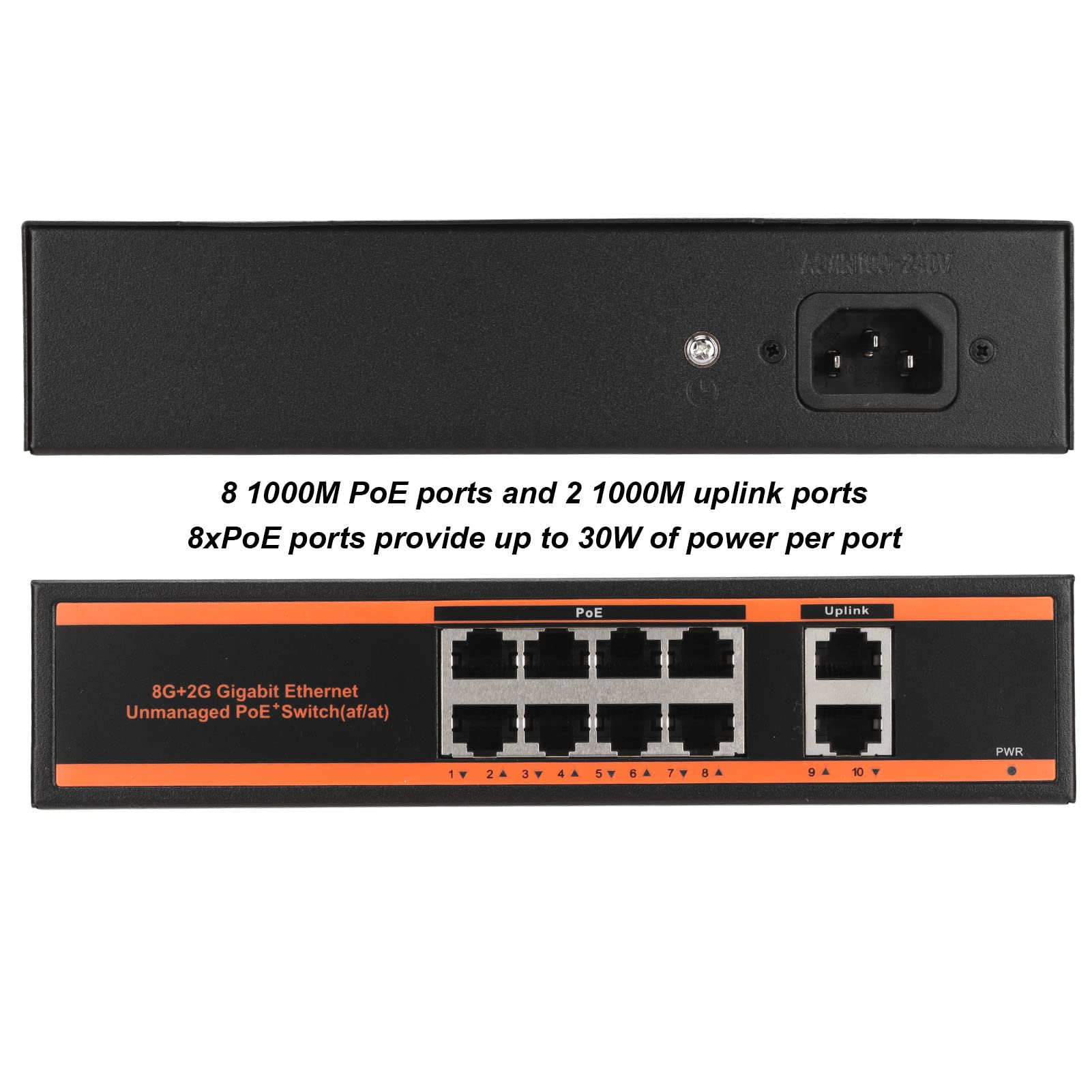 Commutateur Poe Gigabit 10 Ports, Prend en Charge la Détection Automatique des Appareils, 8 Ports Poe 1000M et 2 Ports de Liaison Montante 1000M, Distance de Transmission de 250M pour la Connexion