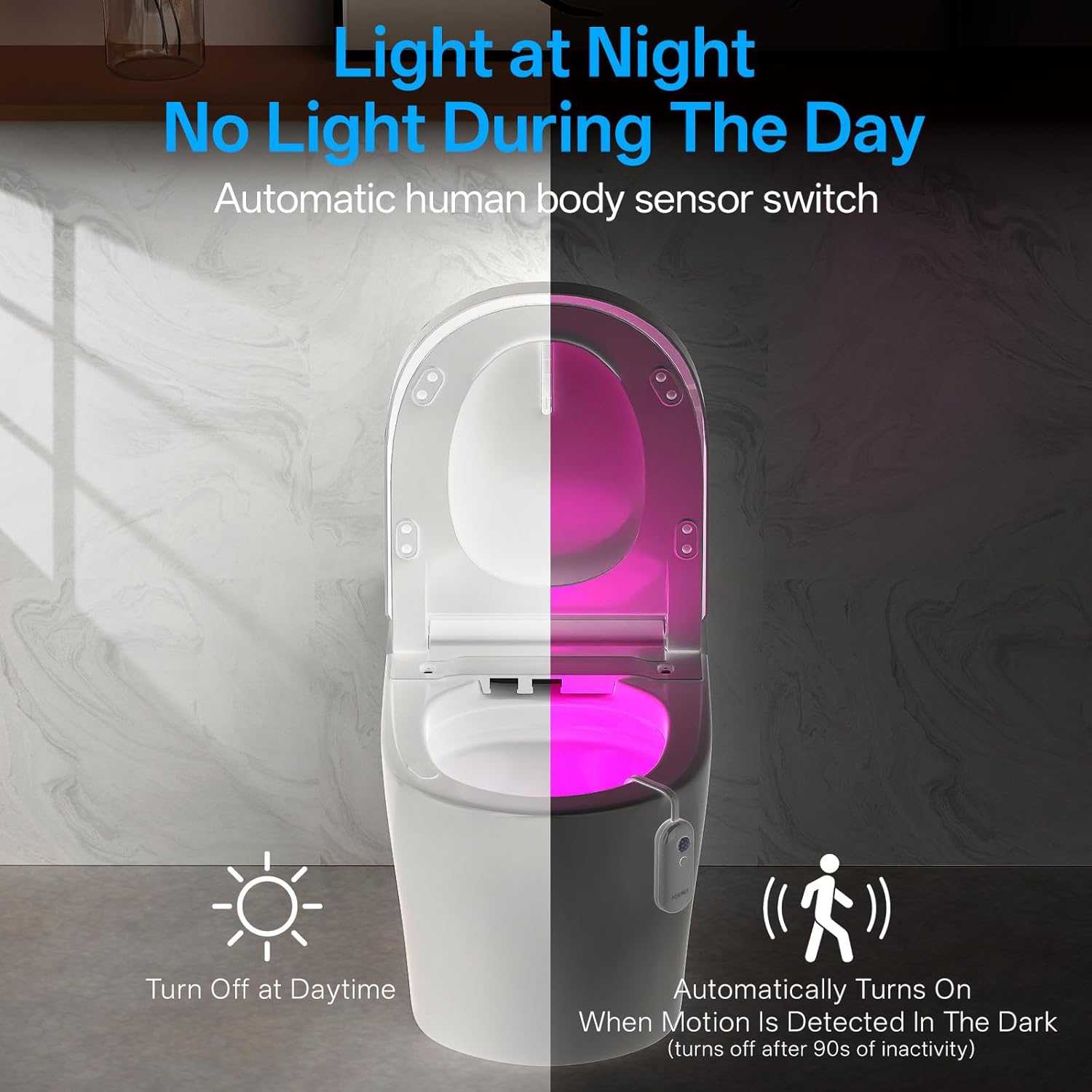 Close-up view of the toilet light unit, highlighting the 500mAh battery, charging indicator light, human body sensor module, function buttons, and charging port.