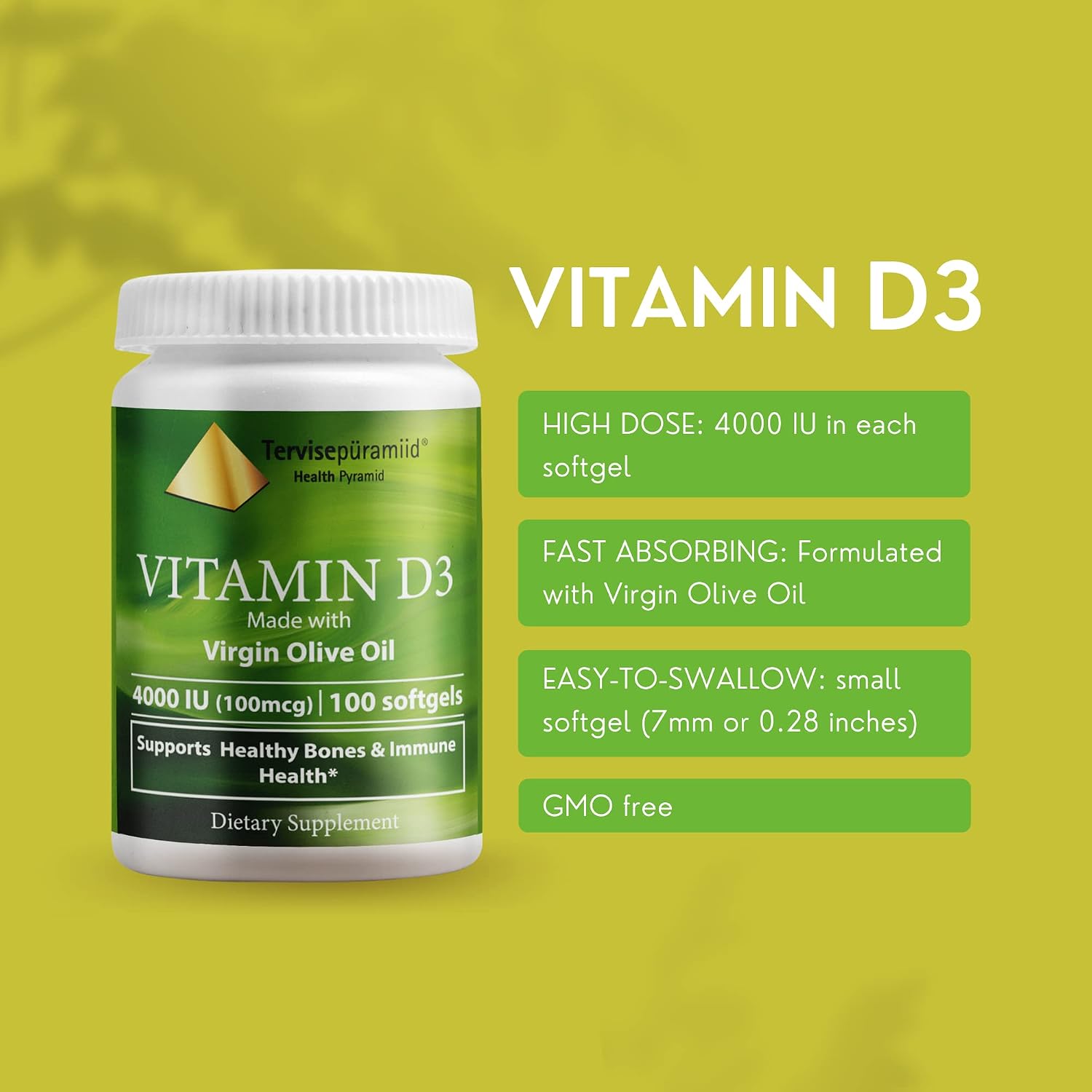 Health Pyramid Vitamin D3 4000 IU Cholecalciferol in Olive Oil Easy to Swallow Best Vitamin d Supplement for Bones & Immune Support Vitamin D3 Softgel