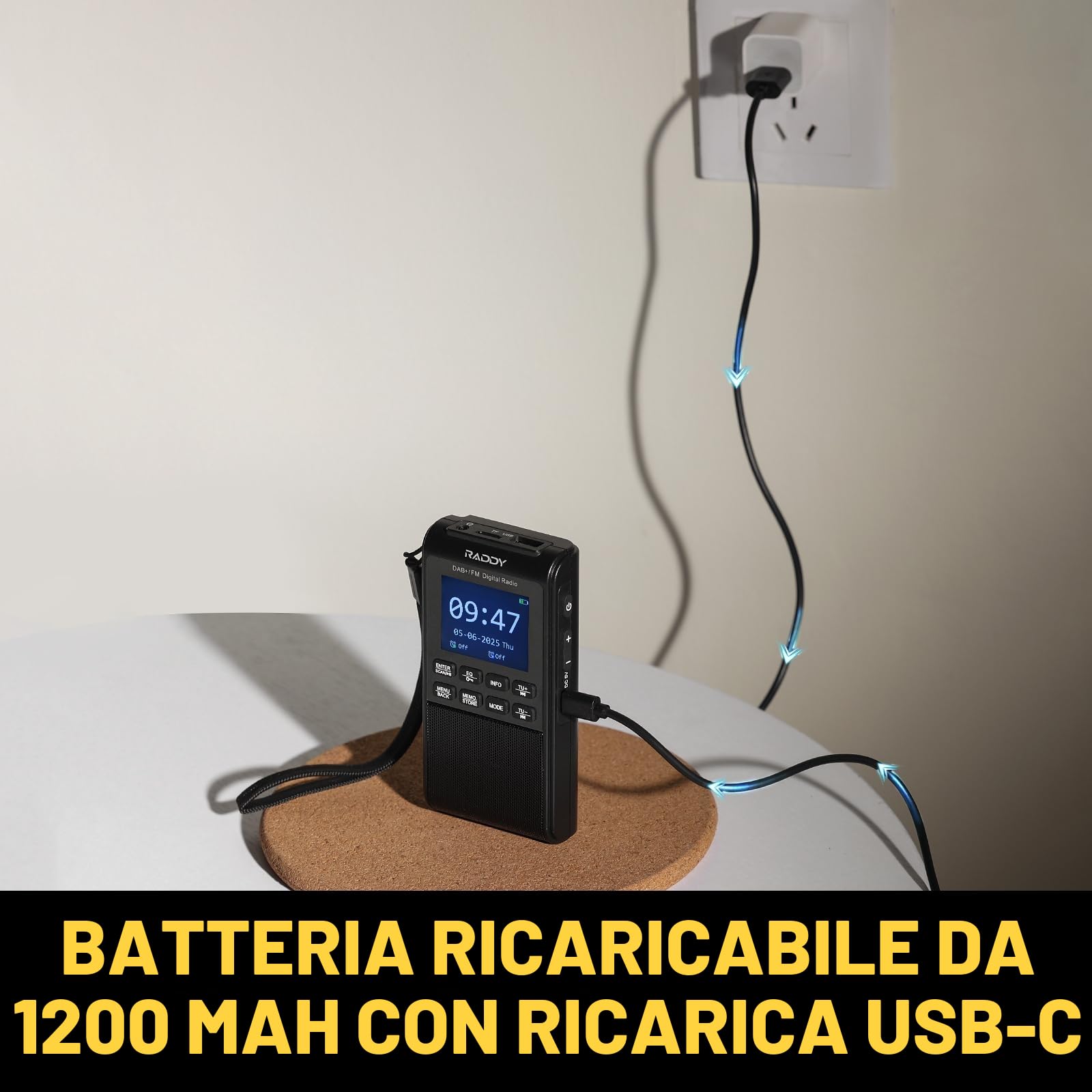 Raddy RD939 - Radio portatile DAB FM, radio tascabile DAB con BT 5.3, altoparlante da 5 W, display da 2", batteria USB-C e 1200 mAh, sveglia, riproduzione TF/USB, scansione automatica, jack per cuffie
