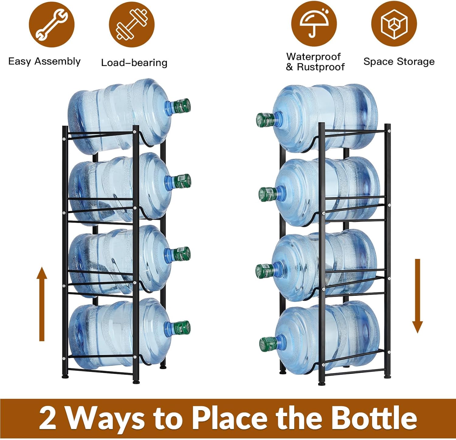 smusei 5 Gallon Water Bottle Holder 4 Tier Water Cooler Jug Stand Storage with 4 Slots for 5 Gal Water Dispenser Black Water Bottle Organizer Rack Metal for Office, Kitchen, Home