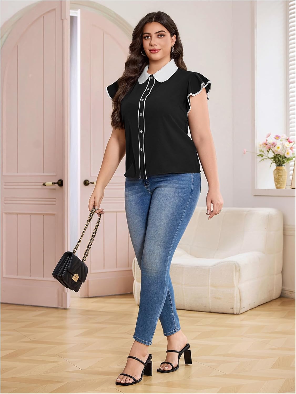 Verdusa Women's Plus Size Button Front Collared Blouse Ruffle Cap Sleeve Summer Tops - Image 3