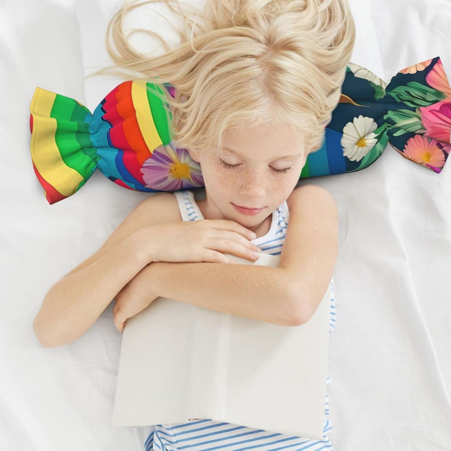 Rainbow Flowers Print Candy Cylindrical Eco-Friendly Pillow Soft Velvet Living Room Bedroom Travel Decor