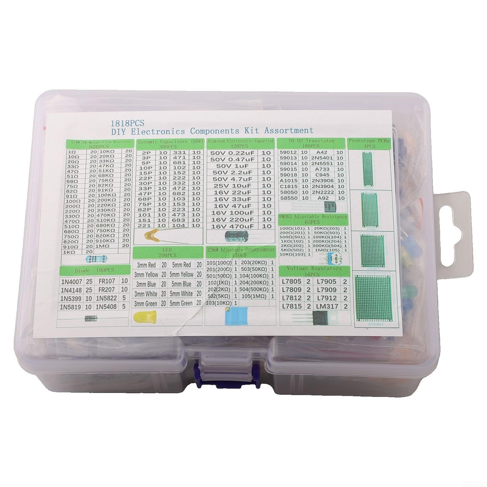 1818 pezzi Kit di componenti elettronici con condensatori monolitici, resistori, diodi LED e PCB per appassionati di fai da te e hobbisti, potenziometro transistor 11 serie A-220/A-92