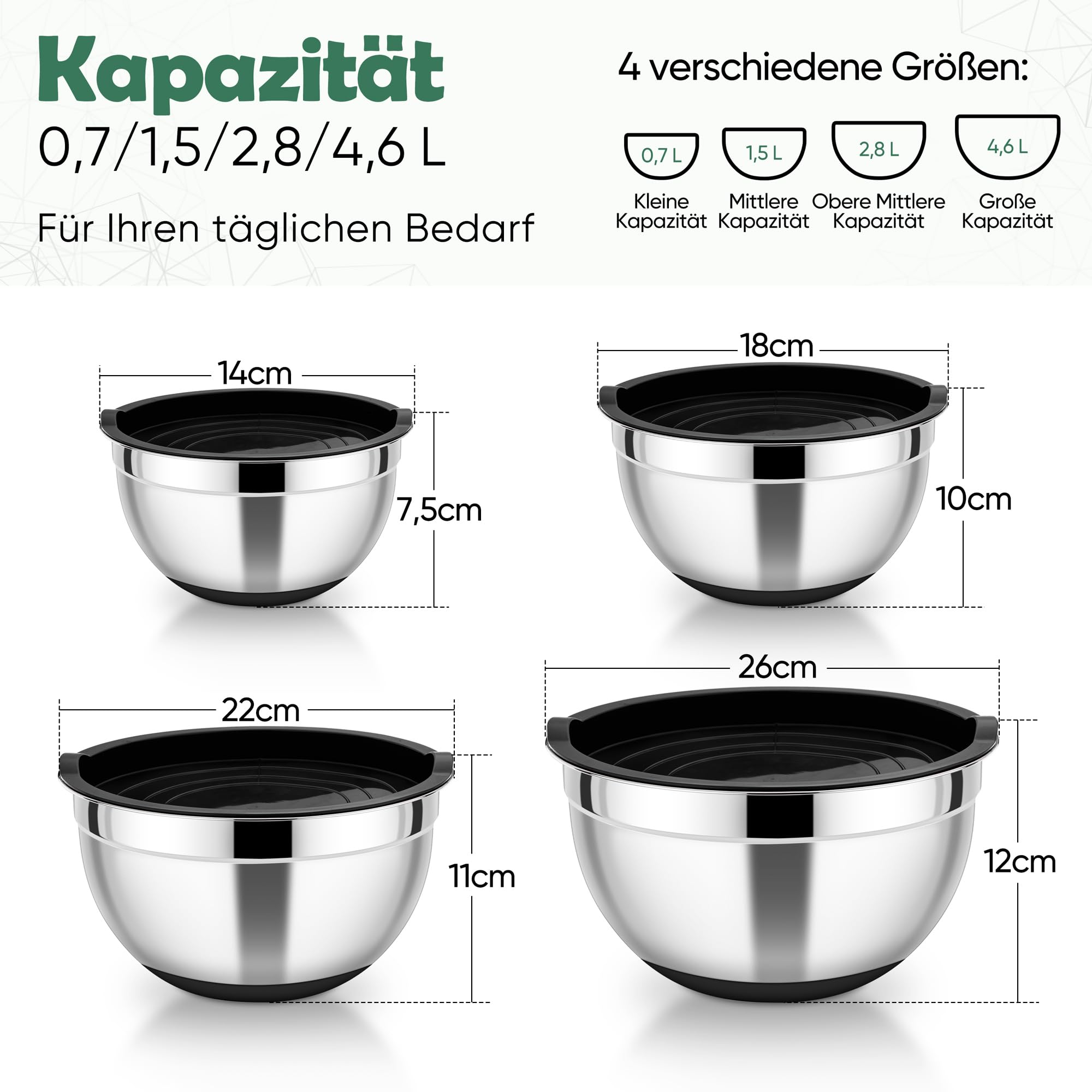 HaWare Lot de 4 saladiers en acier inoxydable avec couvercle hermétique et fond en silicone, idéal pour la cuisson, le stockage de la pâtisserie, empilables et lavables au lave-vaisselle, 4,6 l/2,8 l