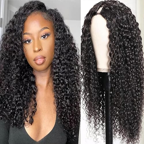 Miniatura 8 de Ainmeys Pelucas rizadas con parte en V, pelucas brasileñas de cabello humano rizado para mujeres negras, pelucas en forma de V, sin dejar fuera,