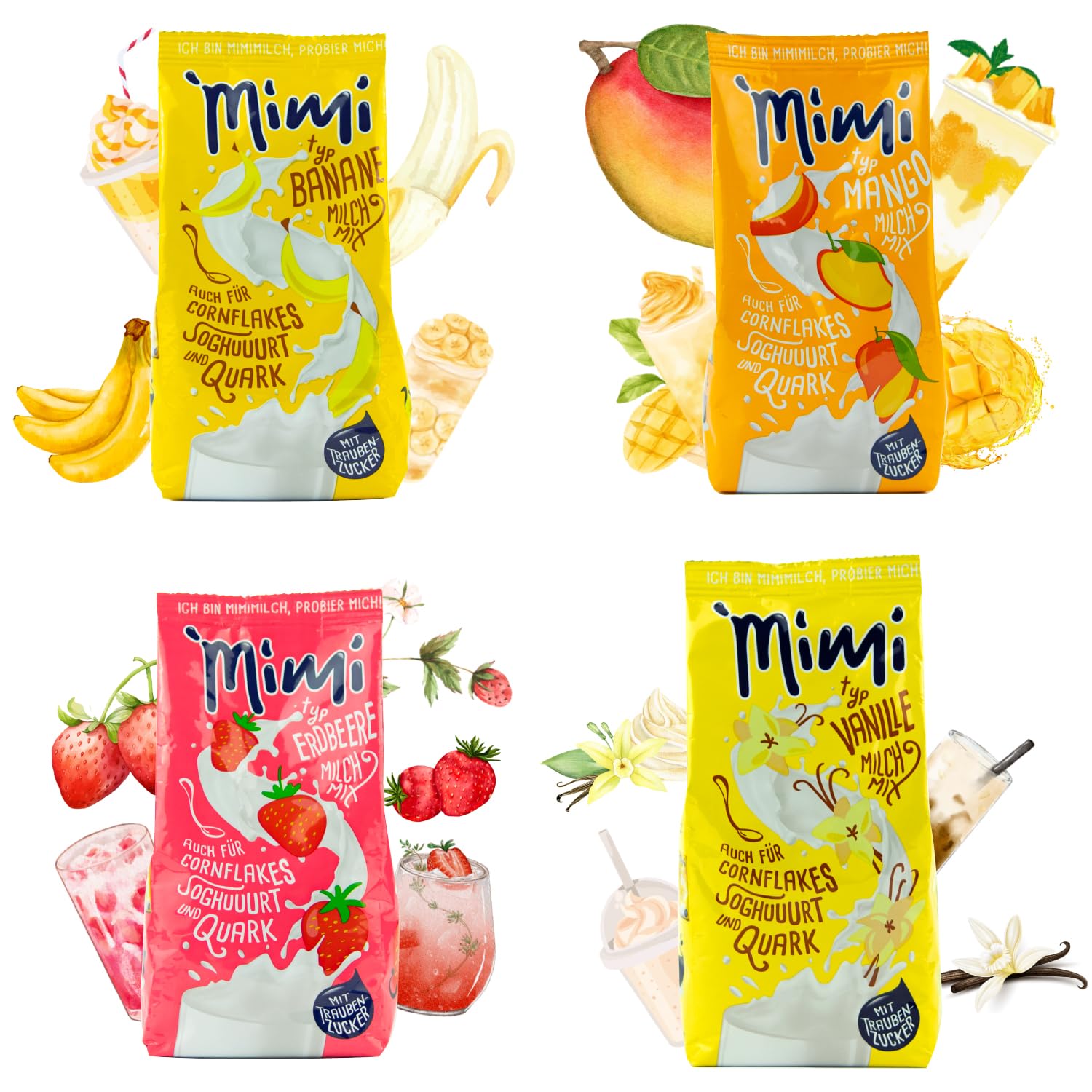 Mimi, confezione da 8 pezzi, mix di latte e bevande in polvere (2 confezioni da 400 g), banana, fragola, mango, vaniglia, confezione conveniente, ideale per il tempo libero, la scuola o per andare in