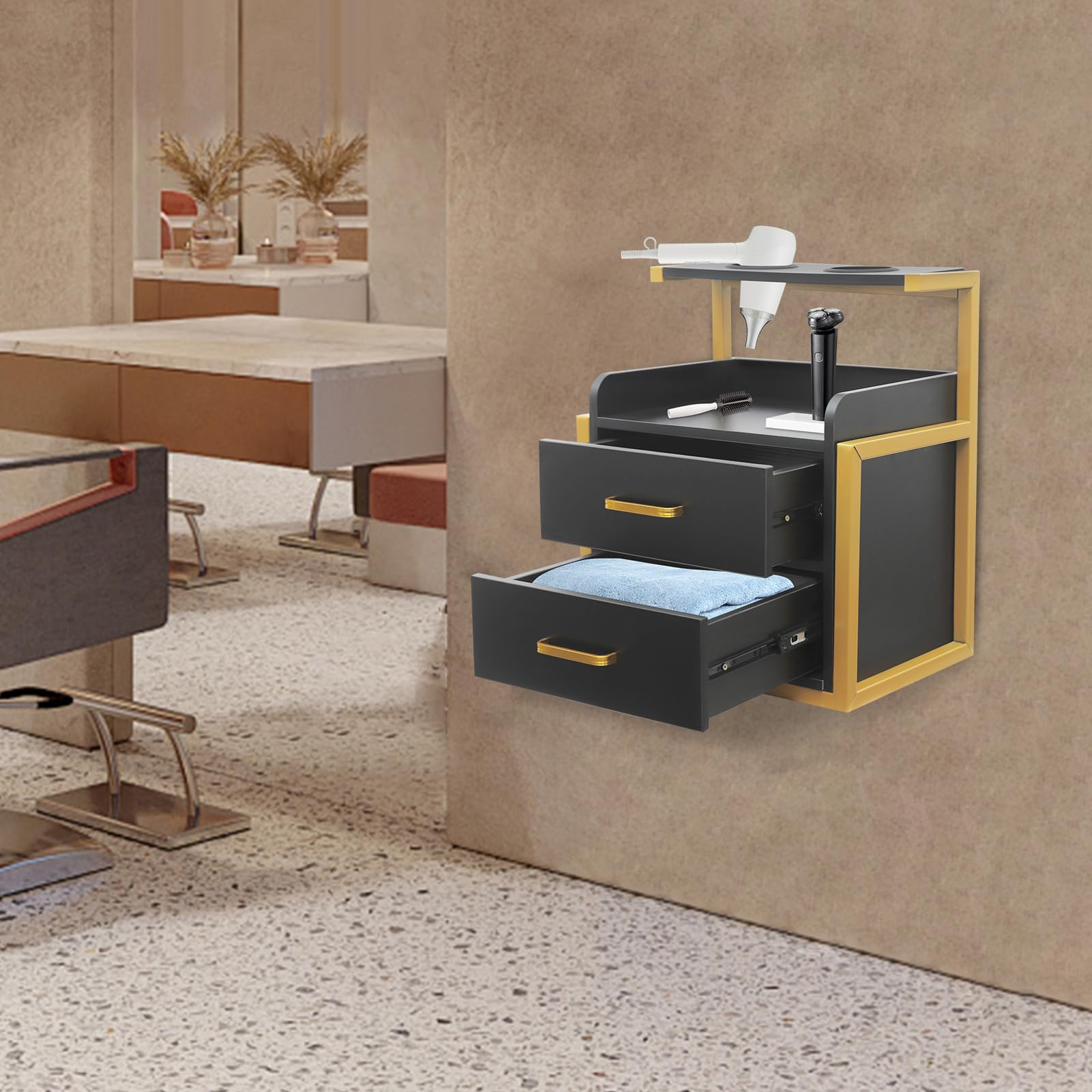 Salon Wandschrank mit Foehnhalter Friseurschrank Schwarz Gold Friseur Bedienplatz wandmontiert Kosmetikschrank mit 2 Schubladen Haarsalon Werkzeugschrank 50kg Tragkraft Friseureinrichtung
