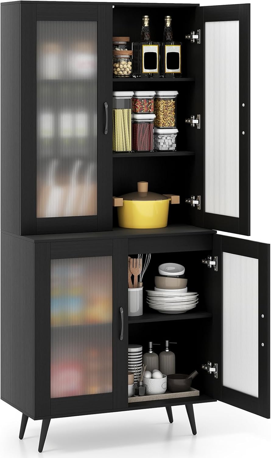 Giantex Kitchen Pantry Storage Cabinet, 70.5" Cupboard with 4 Transparent Doors, Adjustable Shelf & Metal Legs, Freestanding Tall Hutch Cabinet for Dining Room, Living Room, Office & Bathroom, Black