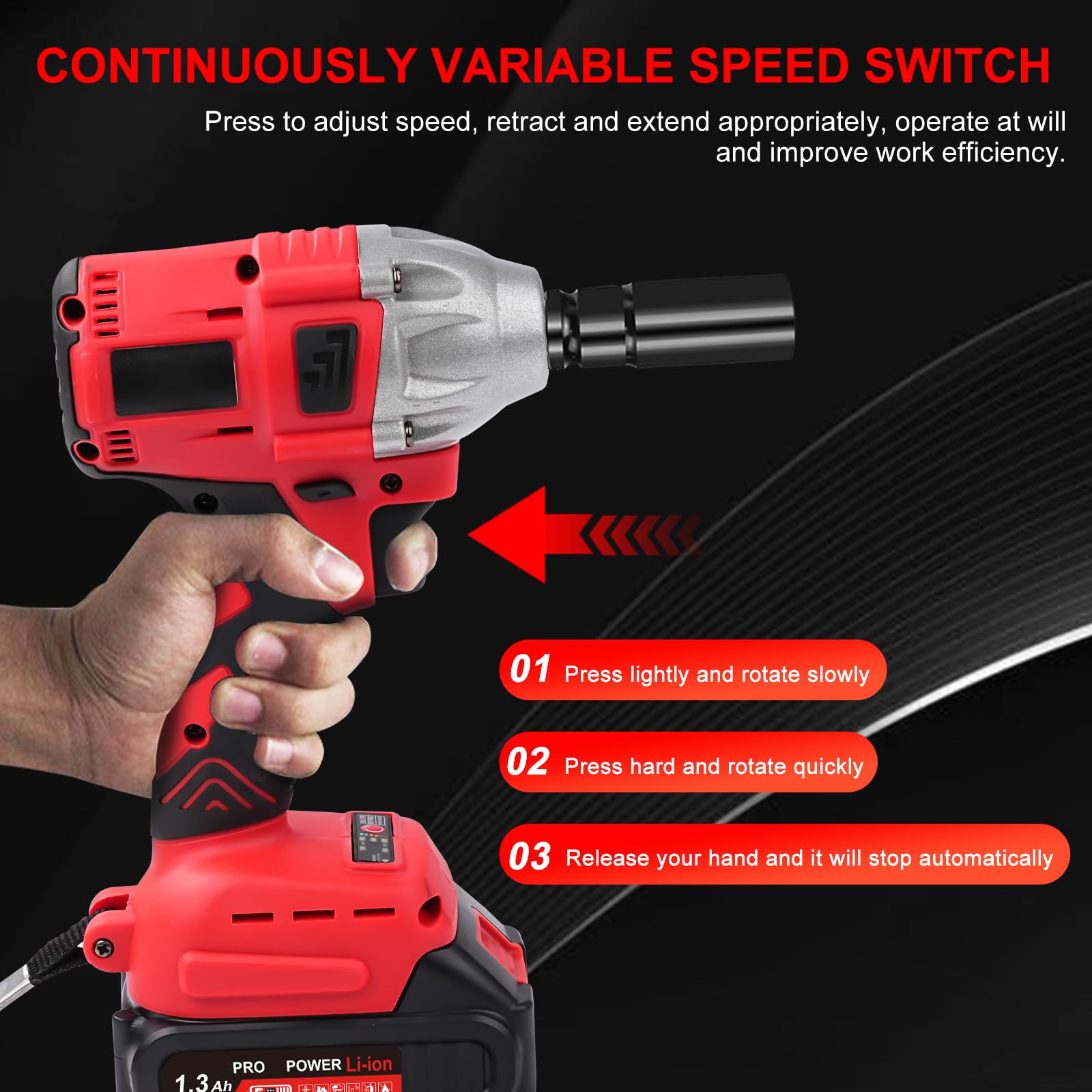 Llave de choque inalámbrica, 21 V, 300 Nm, 1/2 pulgadas, atornillador de impacto eléctrico, llave de impacto con 5 piezas, 1300 mAh, baterías para el hogar/el coche/DIY