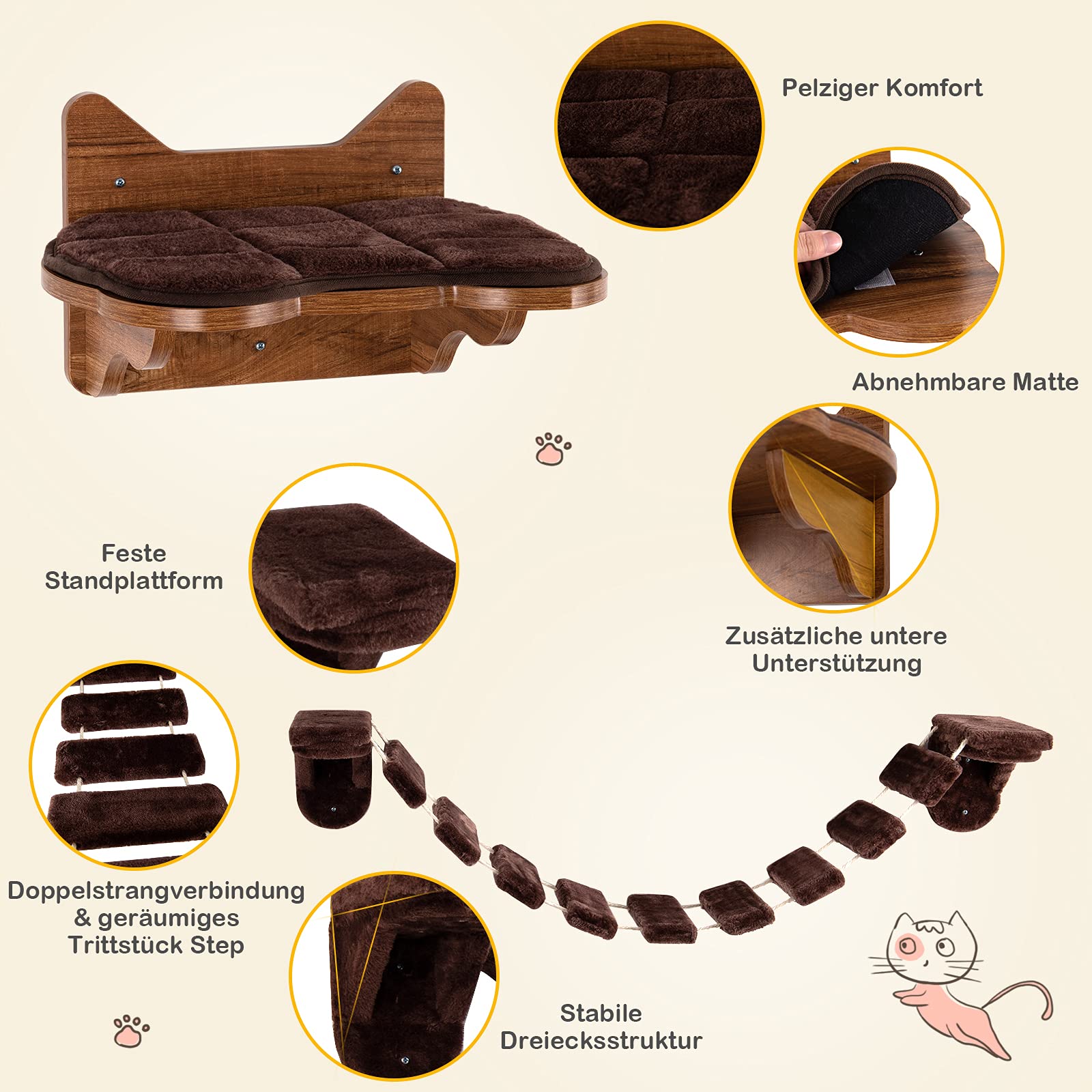 COSTWAY Kletterwand Katzen, 2 in 1 Katzenbrücke und Katzenliege, Katzenhängematte Wand Set, Hängebrücke Katzentreppe, Katzenbett Wandliege Hängematte, Katzenmöbel für Katze bis 10 kg, Braun