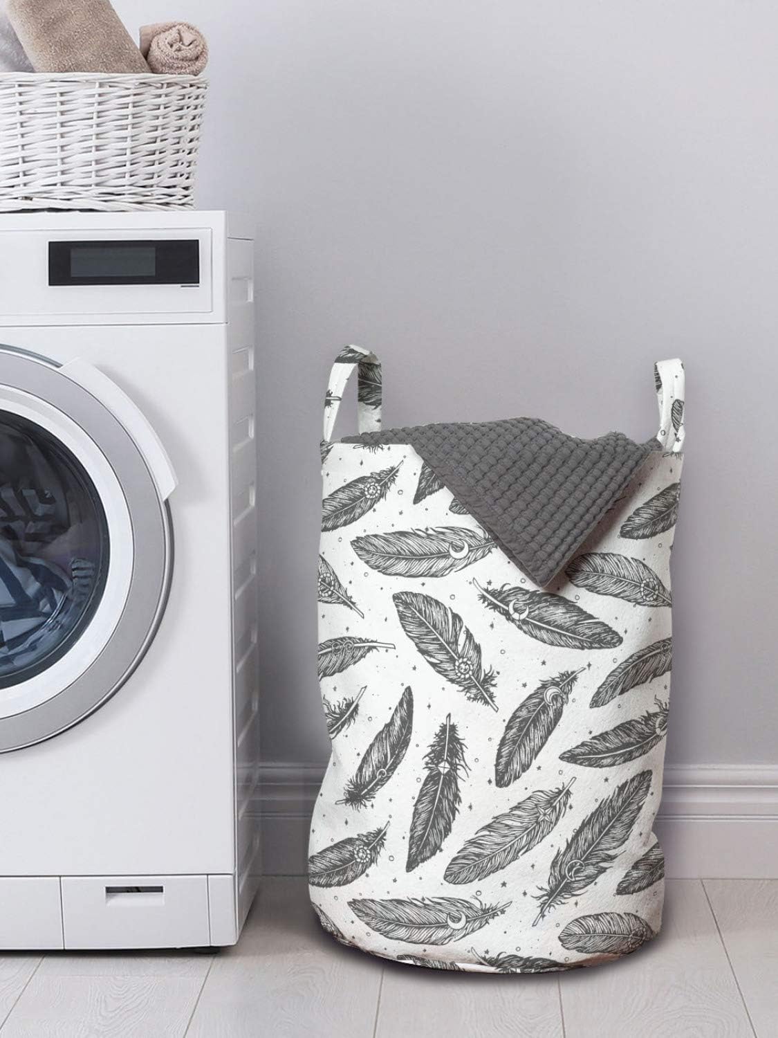 Ambesonne Bohemian Vintage Laundry Bag, Boho Themed Sun Moon Feathers on Minimal Stars and Dots Repetition, Hamper Basket with Handles Drawstring Closure for Laundromats, 13" x 19", Grey and White