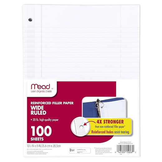 Mead Loose Leaf Paper, Notebook Paper, Wide Ruled Filler Paper, Reinforced, 8 x 10.5, 100 Sheets (15006), White