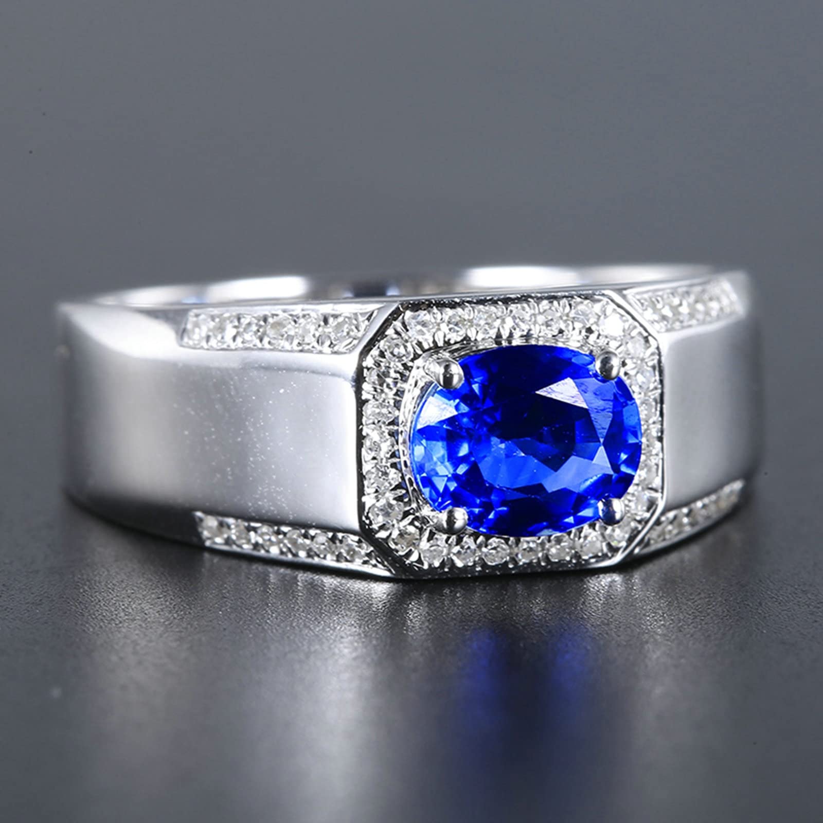 Beydodo Pierścionek męski z białego złota próby 750, pierścionek zaręczynowy, sygnet z owalnym szafirem 1,23 ct, obrączki ślubne z diamentem