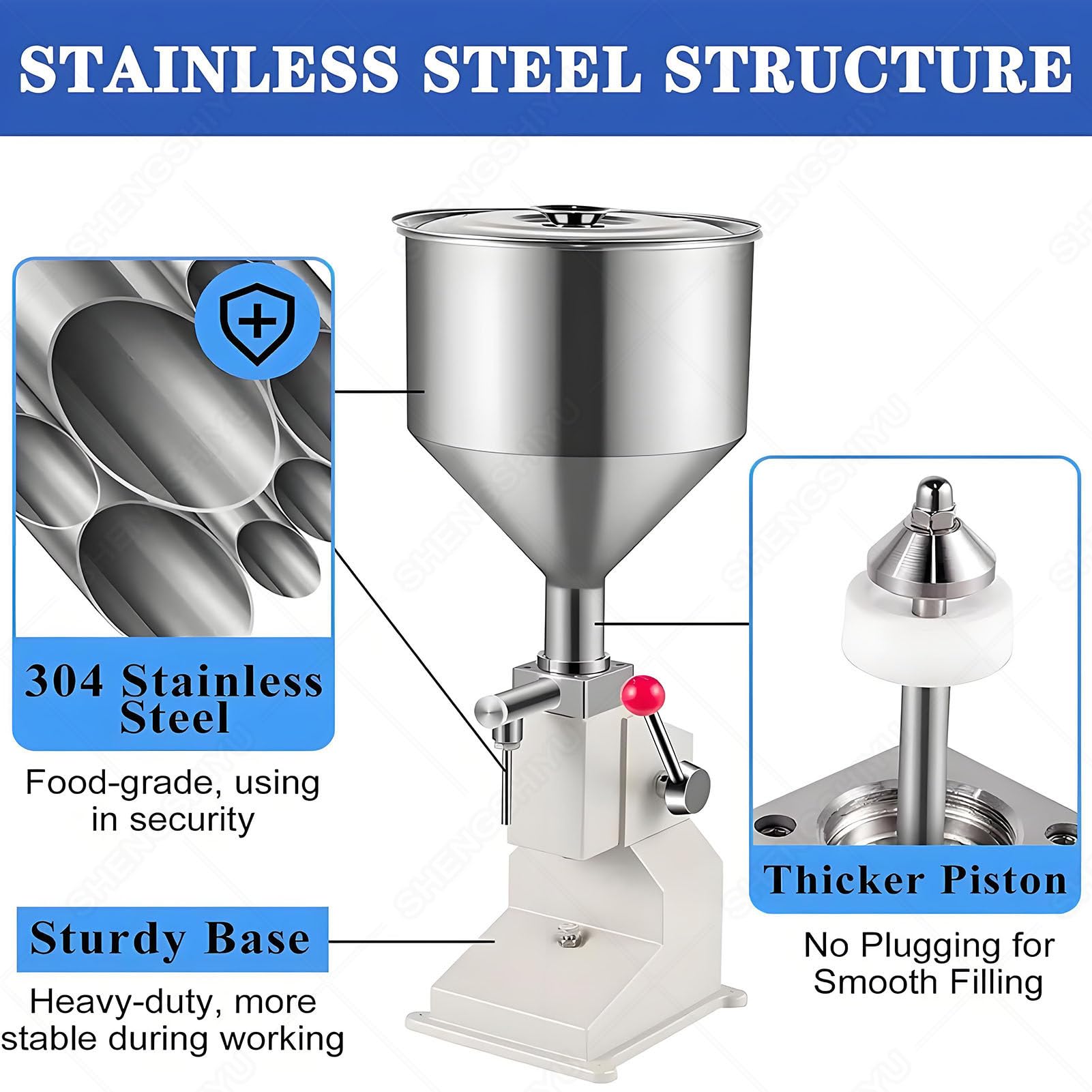 Máquina Llenadora Manual, Máquina de Botellas de Pasta Líquida, Llenadora Embotelladora de Acero Inoxidable con 10L Tolva, 20-30 Ciclos por Minuto, para Aceite, Crema, Cosméticos, Champú