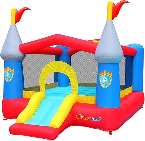 Castillo de casa saltarina inflable Bounceland con aro de baloncesto, brincador inflable, tobogán divertido, entrada segura, soplador fuerte