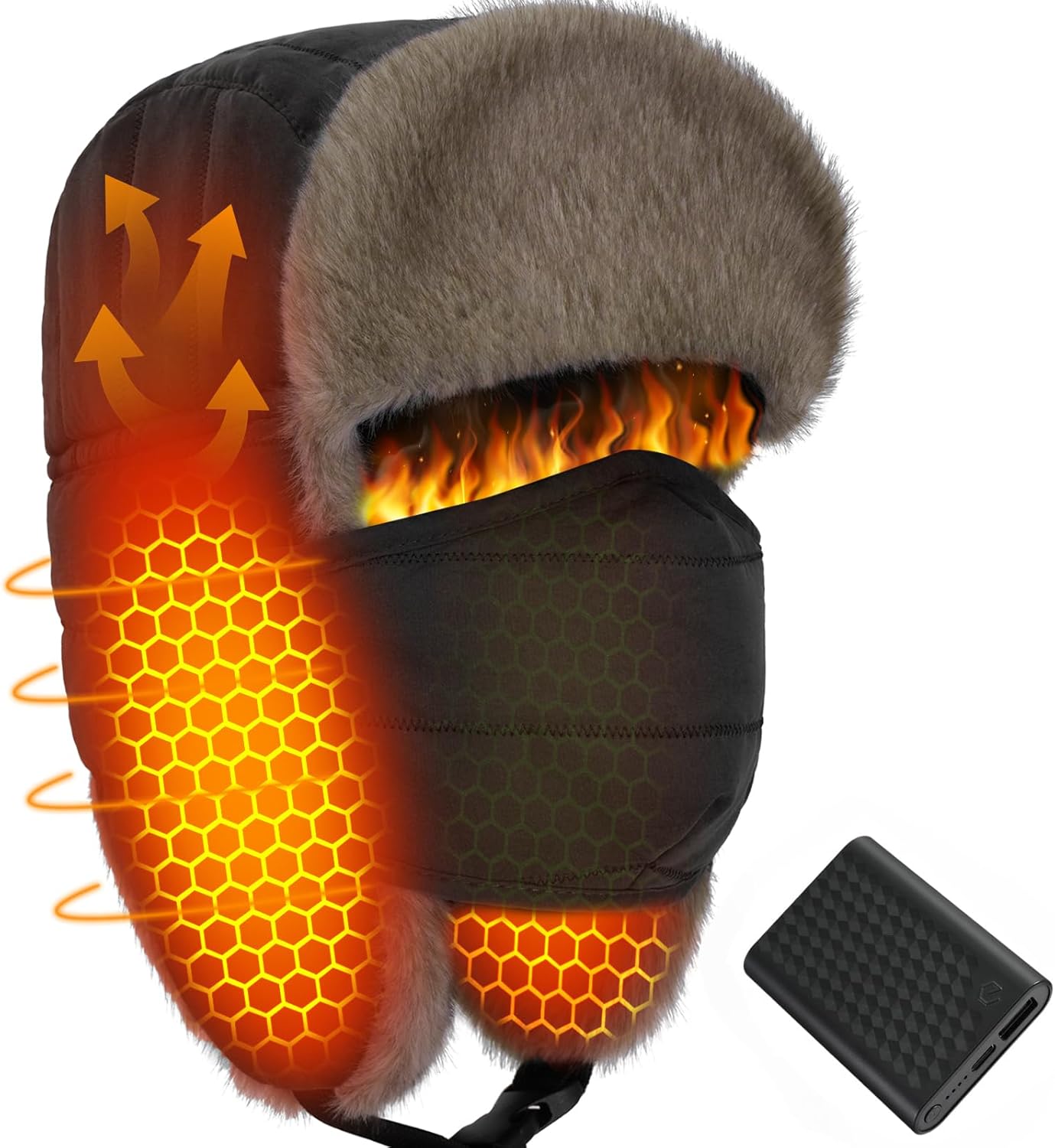 Wulcea Graphene Heated Trapper Hat with Ear Flaps Mask for Skiing Camping Hunting Motorcycle Ice Fishing Driver Fishermen