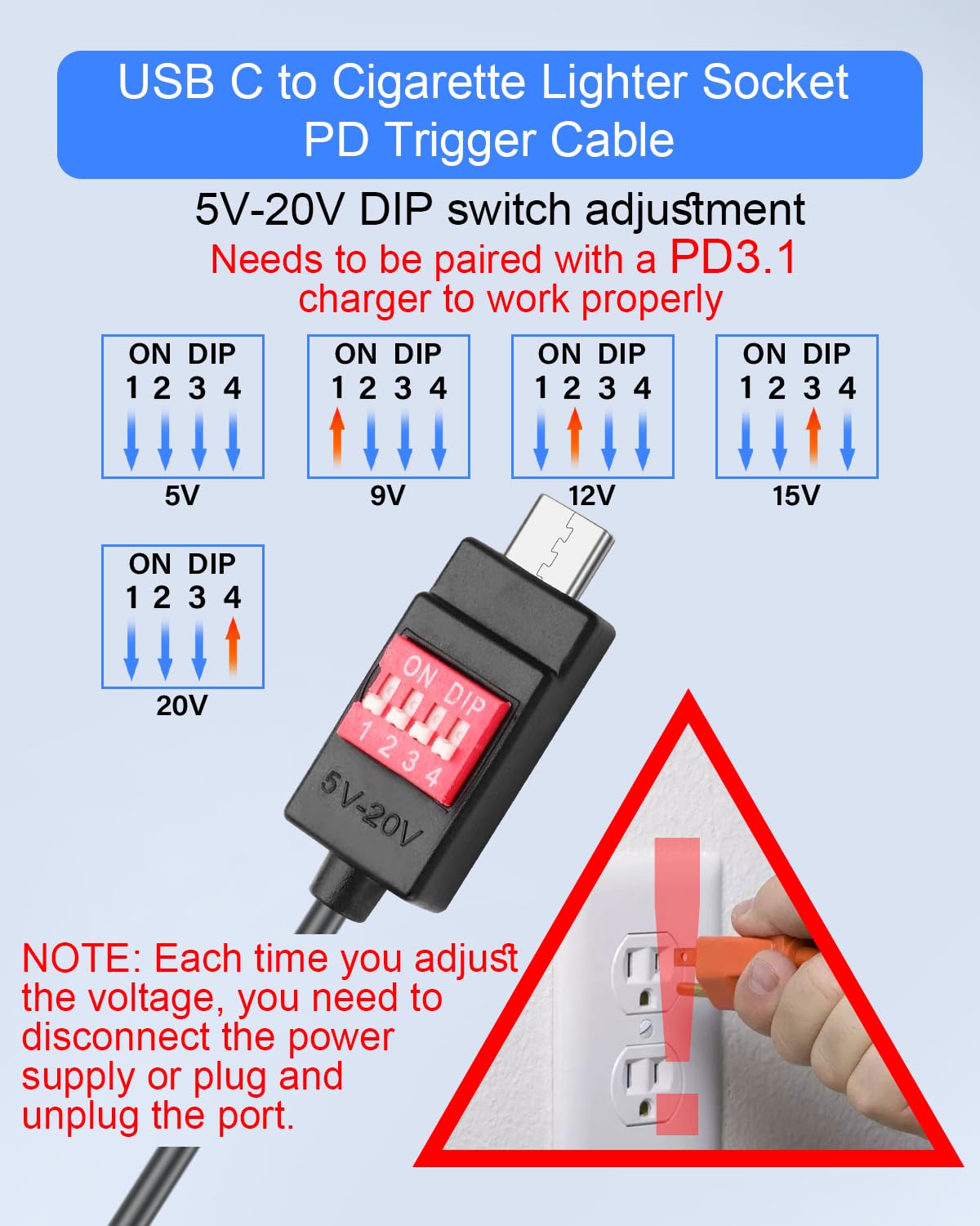 Adattatore USB C a accendisigari auto, 100 W, con adattatore USB A, interruttore DIP regolabile da 5 V/9 V/12 V/15 V/20 V, per dash cam, GPS, ecc
