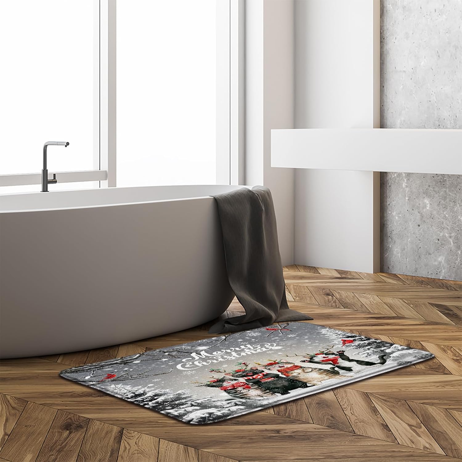 Christmas Cat Bath Mat Funny Kittern Xmas Tree Snowflake Winter Animal Gray Red Bathroom Kitchen Toilet Rugs,24x60 Inch