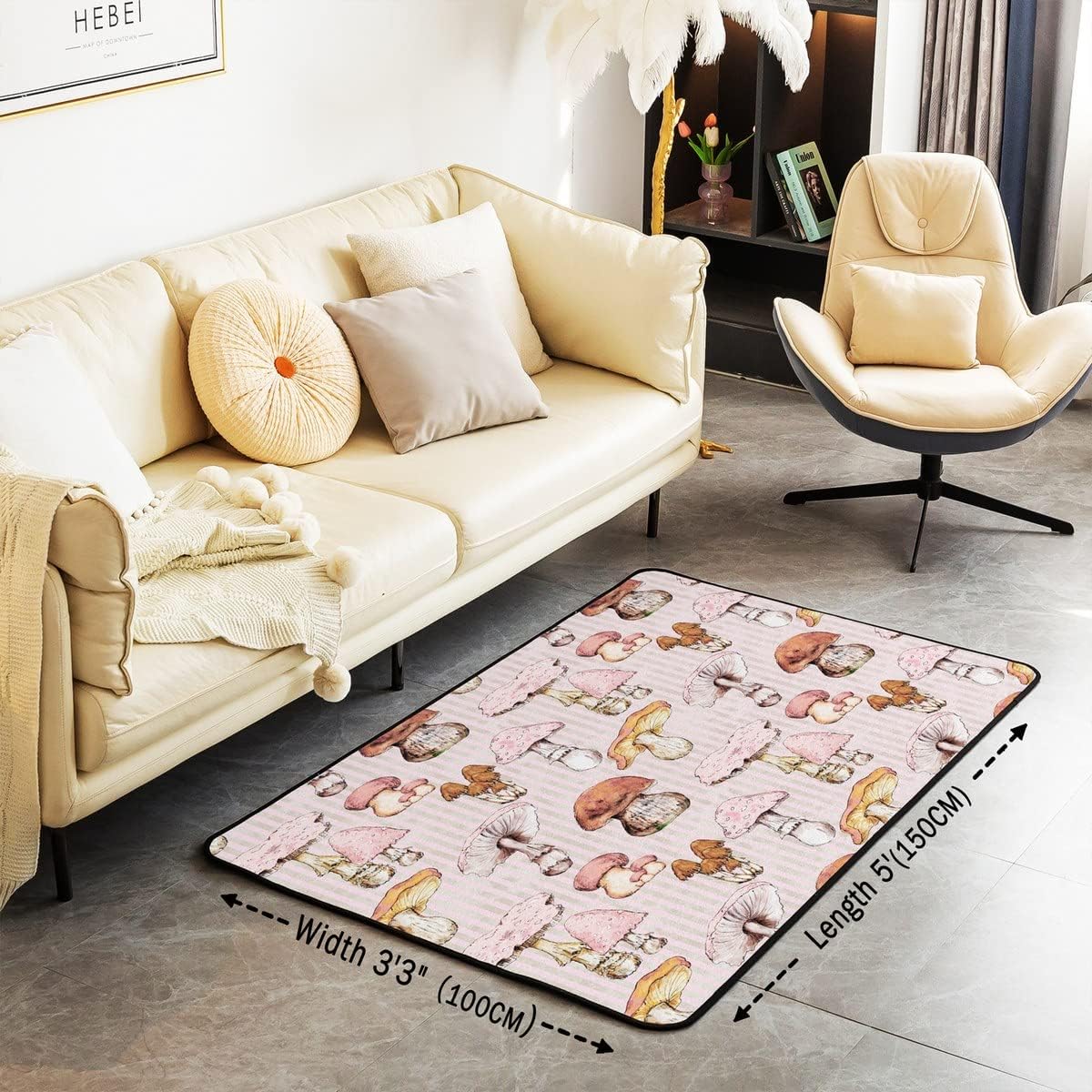 Pink Mushrooms Decor Carpet Kawaii Fungus Living Room Rugs Colorful Mushroom Accent Rug Kids Wild Forest Mushroom Stuff Indoor Floor Mat Area Rug 5x7