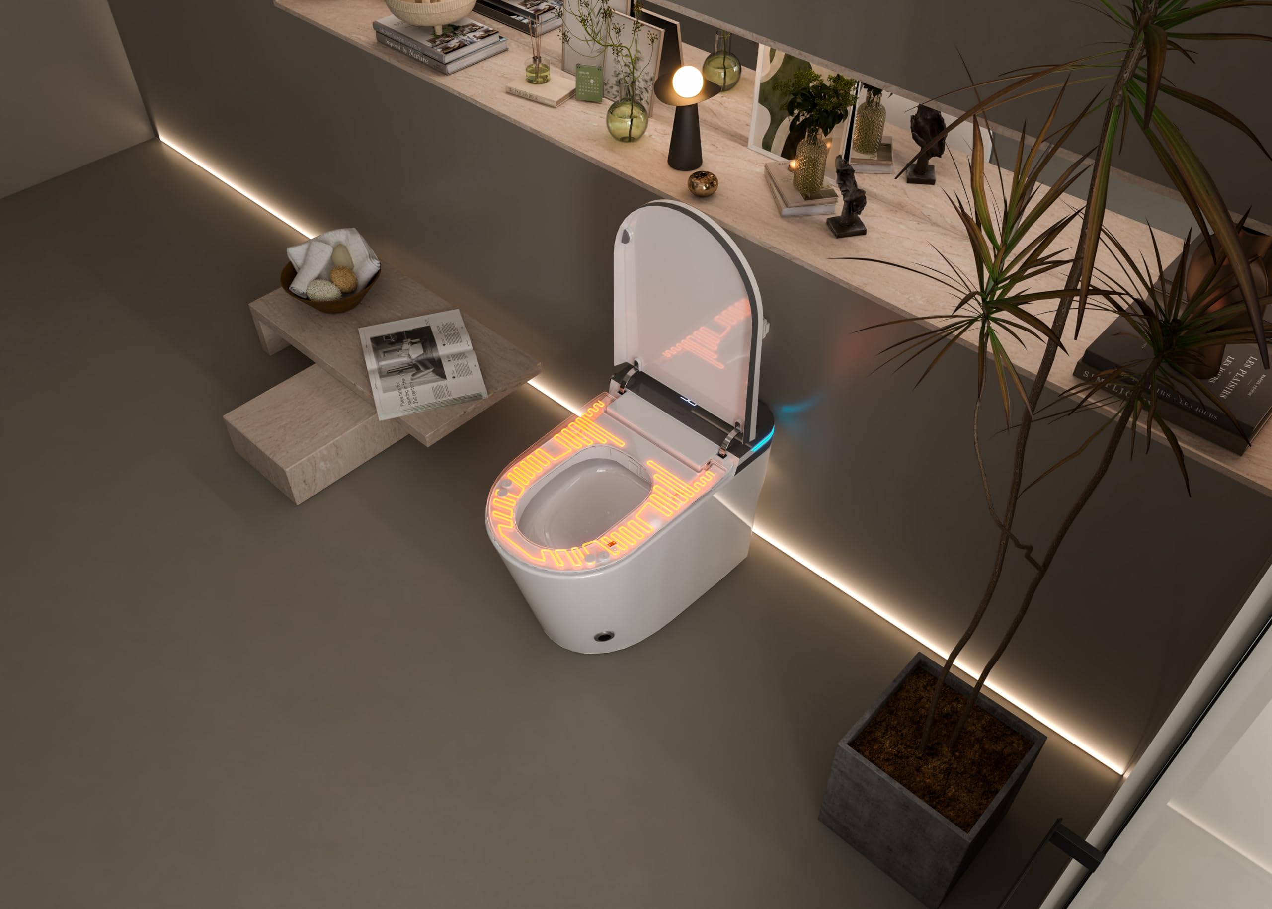 Lussuoso WC allungato con bidet intelligente, doppio risciacquo, apertura e chiusura automatica, sedile riscaldato, scarico a parete, bianco