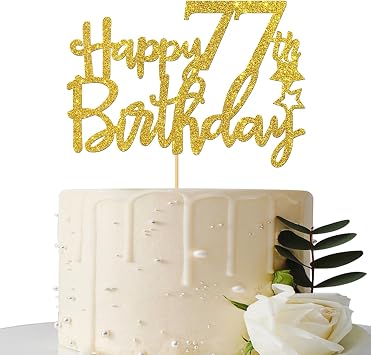 Gold Glitter Happy 77th Birthday Cake Topper - 77 Sign Cake Topper - Cheers to 77 Years Party Supplies - 77th Birthday Party Decorations