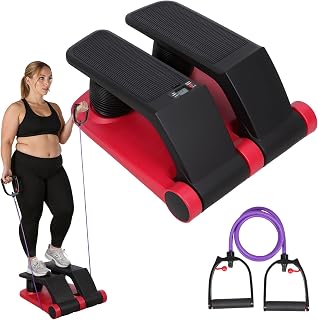 Mini Stair Stepper with Resistance Bands for Exercise Fitness Step Climber Machine at Home, 5-Level Adjustable, LCD Monitor, Non-Slip Pedals, 300lbs Capacity (Not Include Battery)