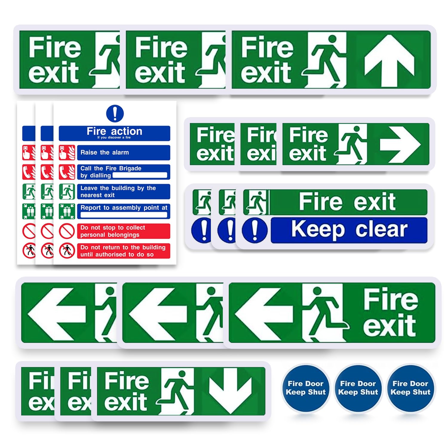 21PCS Premium Fire Exit Sign Kit Self Adhesive Vinyl Emergency Exit Signs Set with Left Right Up Down Arrows, Fire Action Notice, Keep Clear & Fire Door Keep Shut EN ISO 7010 Compliant