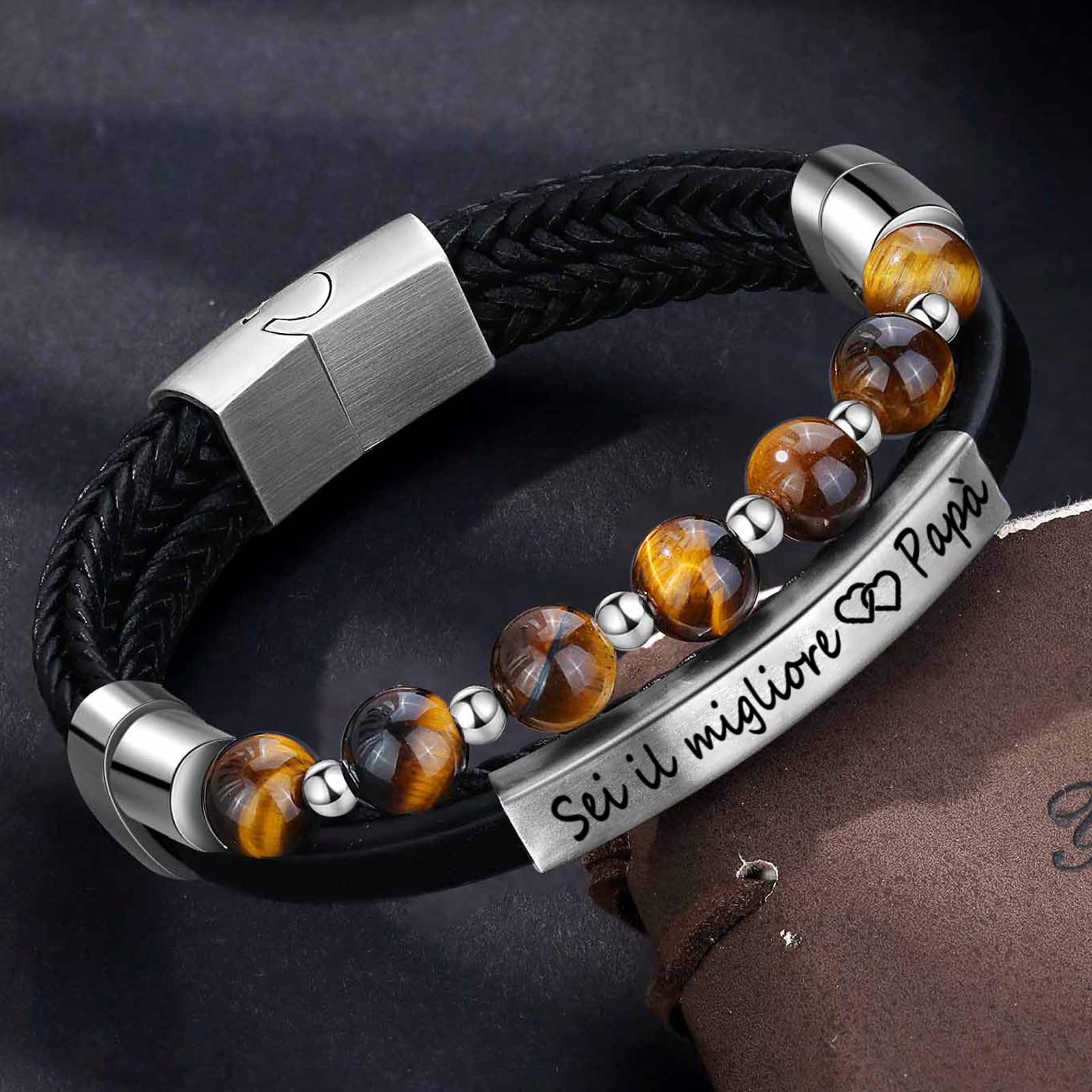 Jbniuay Regalo festa del papà Regalo Papà Bracciale Uomo DAD - Braccialetto uomo in Pelle con incisione “Il Miglior Papà” - Idee Regalo Papà Festa del Papà