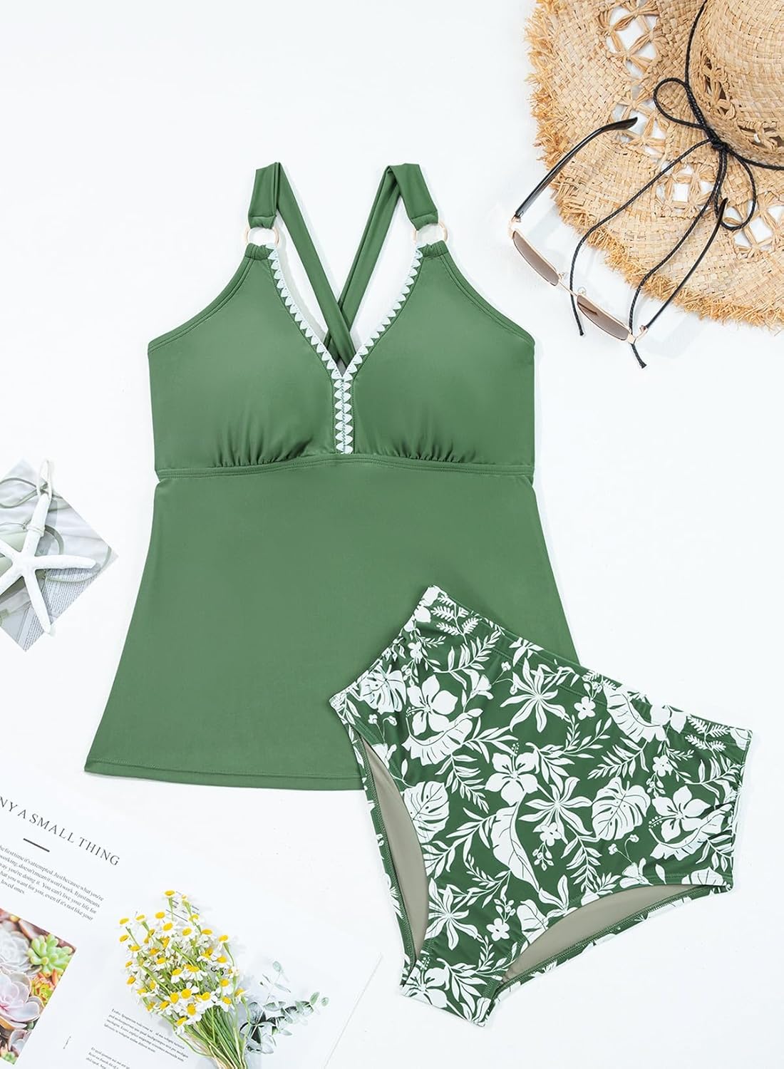 Aleumdr Tankini Swimsuits for Women 2 Piece Tummy Control Bathing Suit V Neck Tankini Top with High Waisted Bottom - Image 7