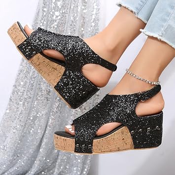 ZKXYFFS Women's Shiny Wedge Platform Sandals Ankle Strap Open Toe Espadrilles Sandals Casual Summer Classic Beach Thick Sandals for Women